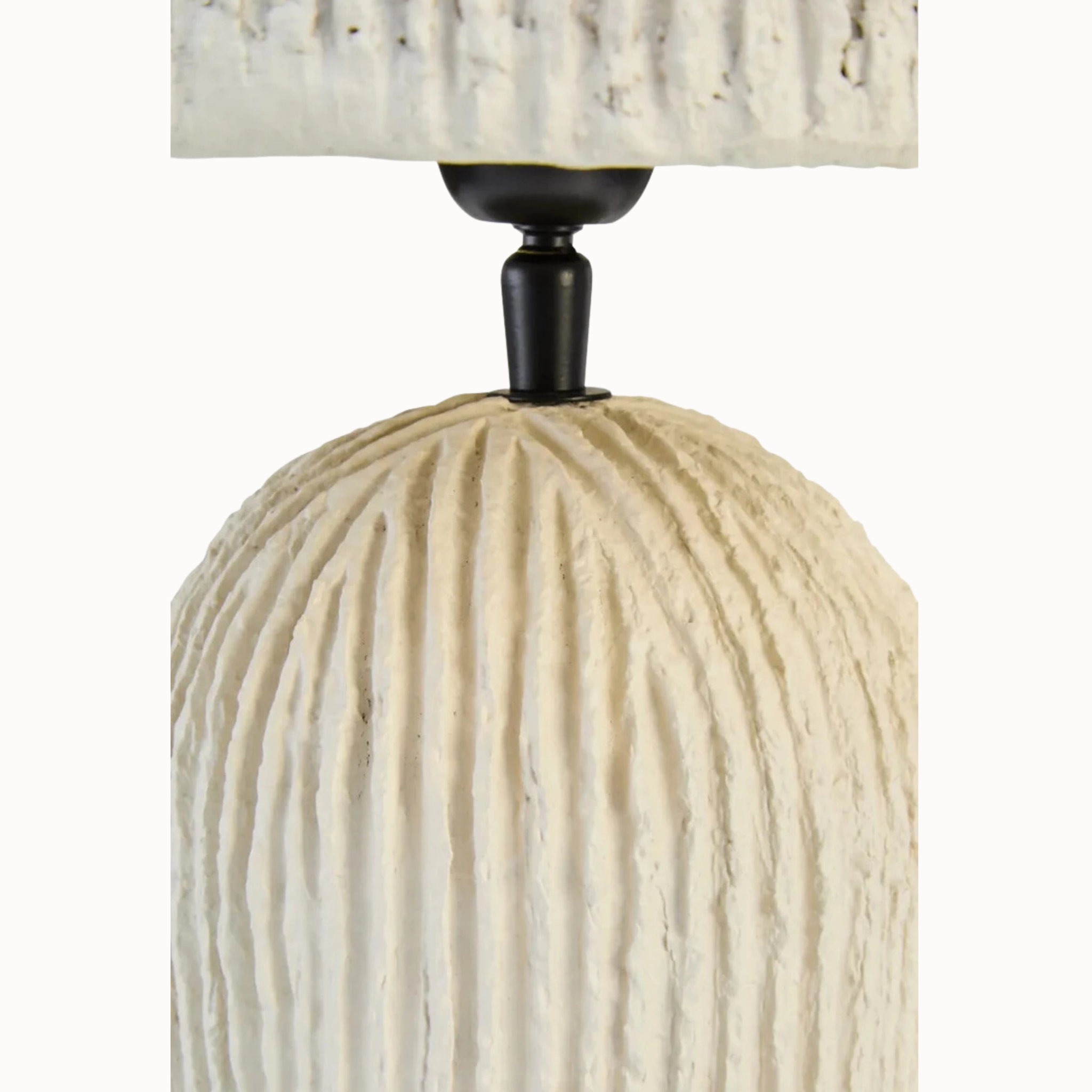 Close-up of Amélie oatmeal papier mâché lamp base and black fitting on a plain white background.