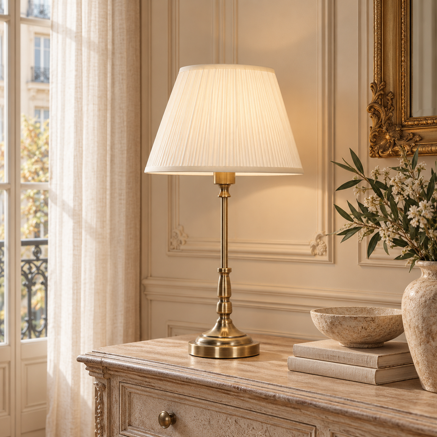 Amélie Classical Satin Brass Candlestick Table Lamp with Cream Pleated Shade