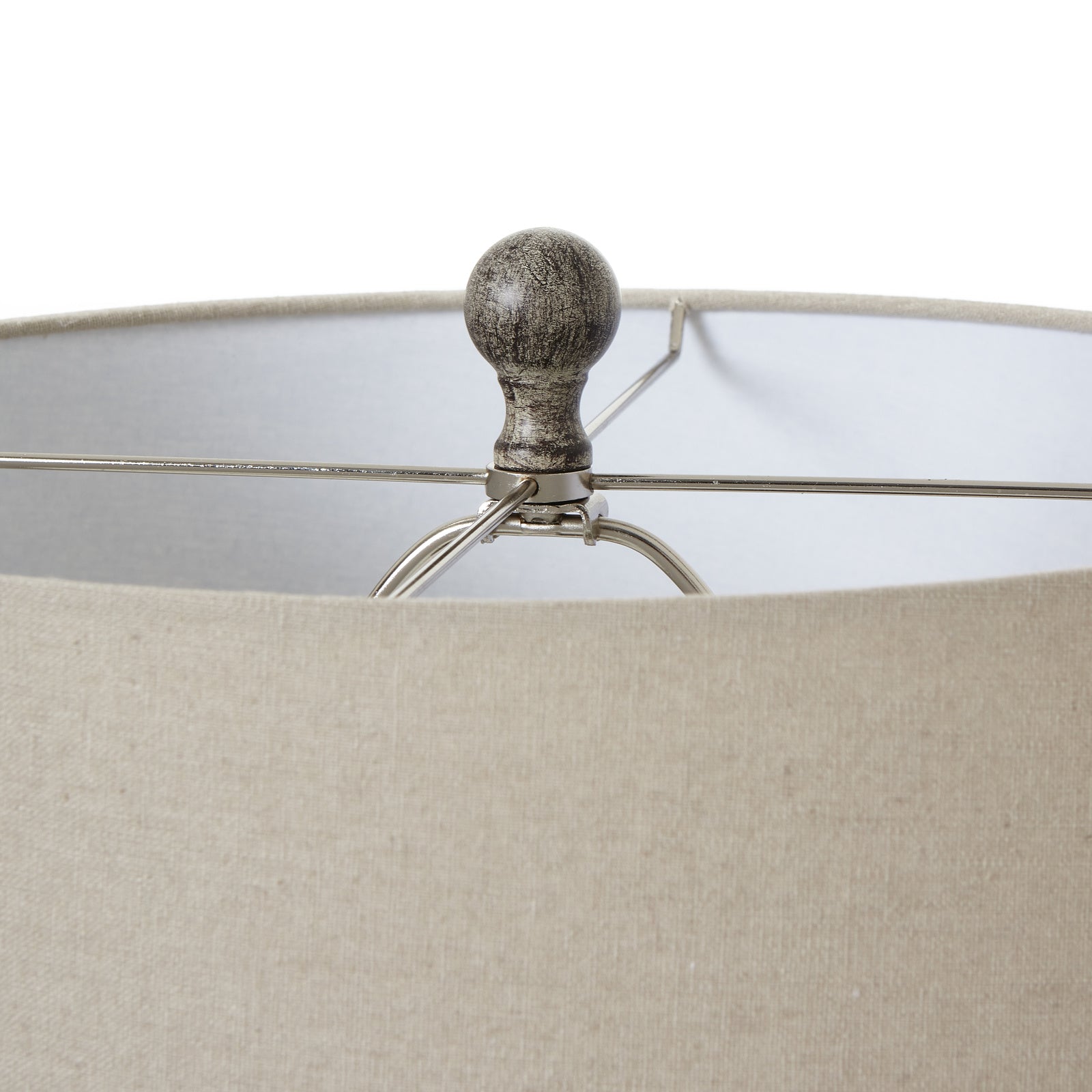 Close-up of Amélie table lamp linen shade, metal frame and textured finial against a white background.