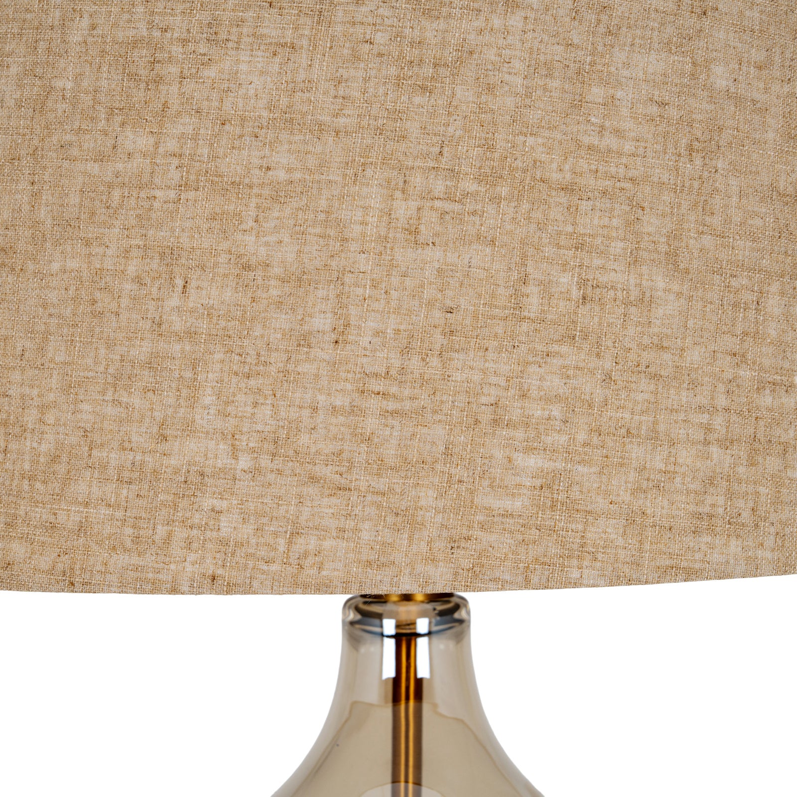Close-up of Amélie table lamp natural linen shade and opaline glass neck against a white background.