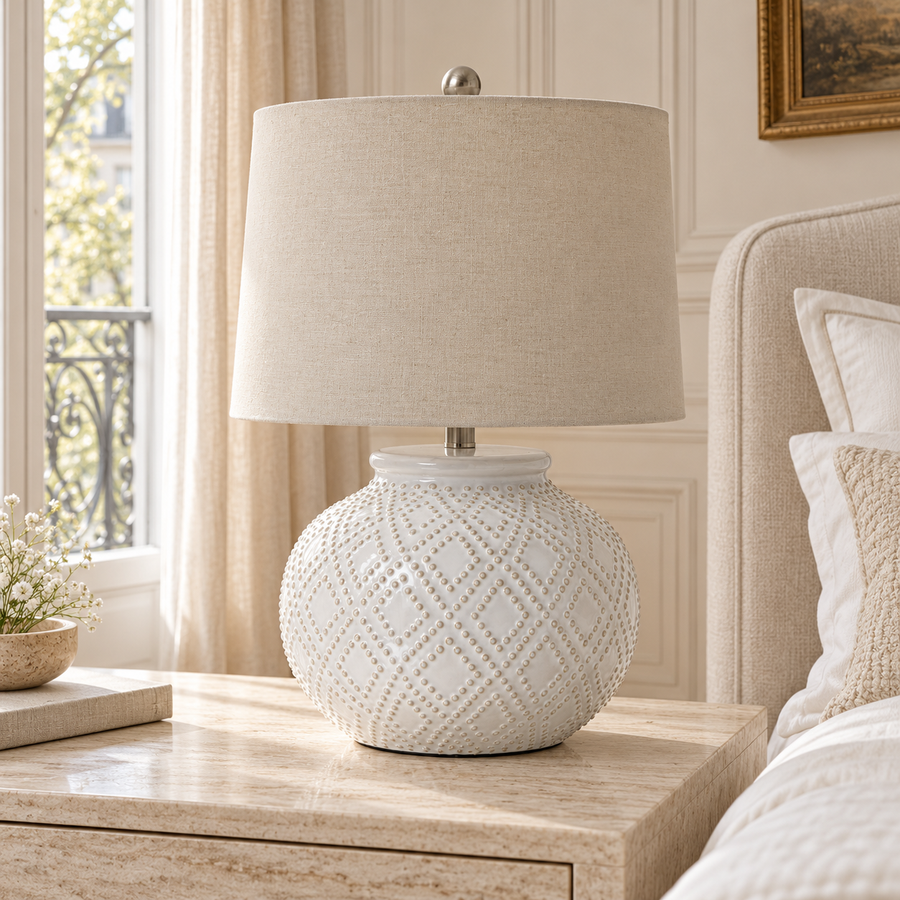 Amélie White Beaded Ceramic Table Lamp with Linen Shade