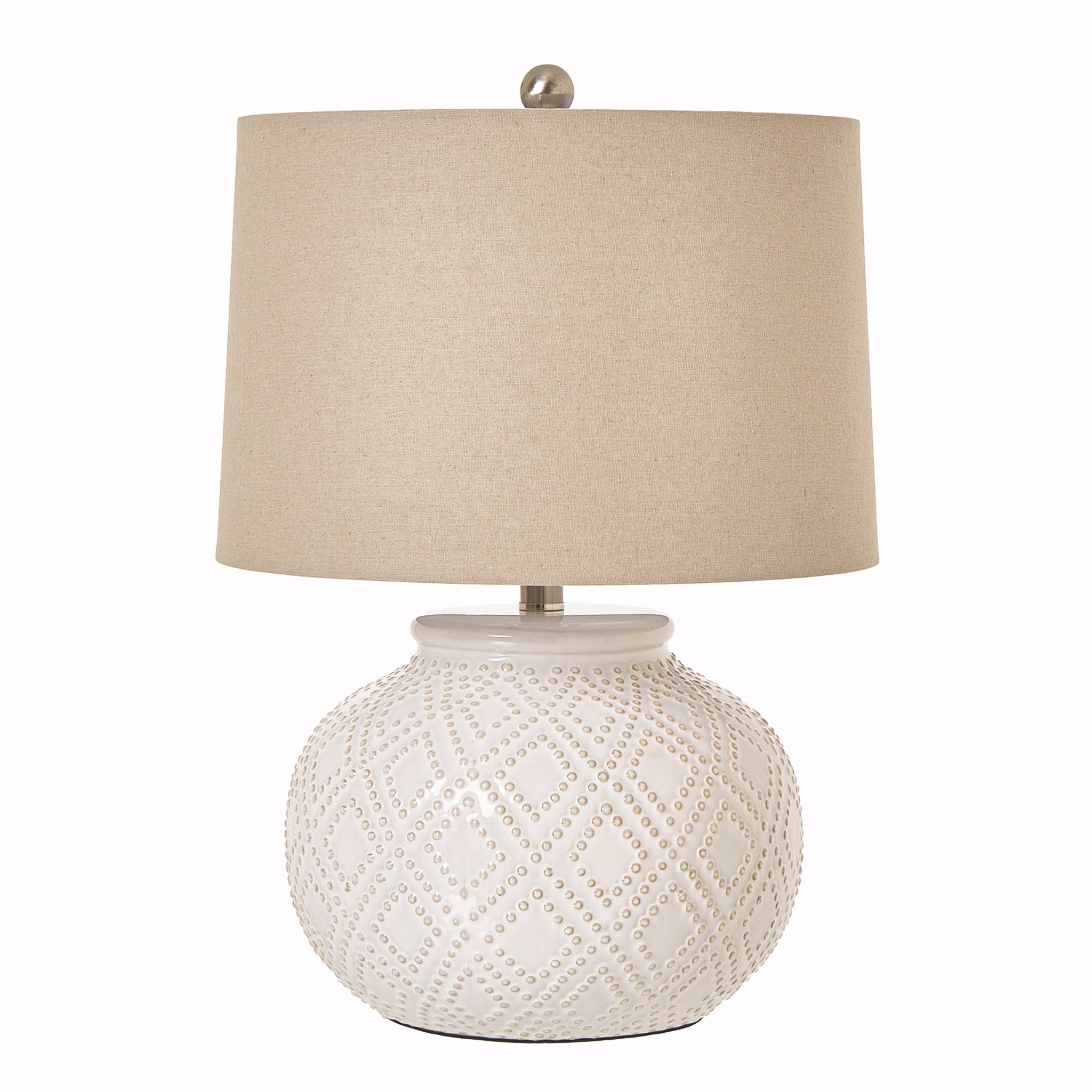 Amélie White Beaded Ceramic Table Lamp with Linen Shade featuring a textured white ceramic base with raised beaded detailing and a natural linen drum shade, ideal for bedside tables, living rooms and coastal-inspired interiors.