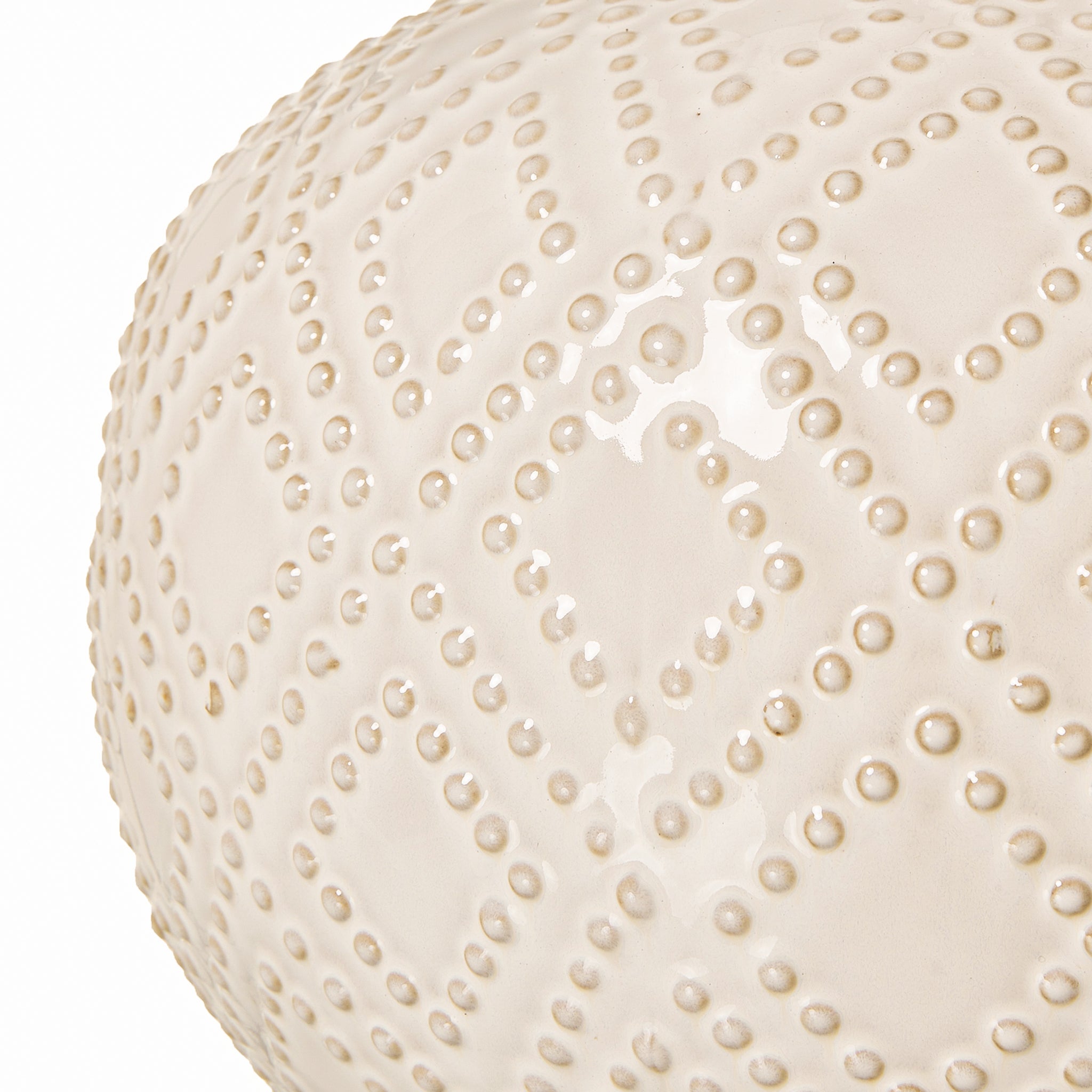 Detailed close-up of the textured white ceramic base on the Amélie White Beaded Ceramic Table Lamp with Linen Shade, showcasing the raised beaded pattern, glossy glazed finish and decorative artisan-inspired design.