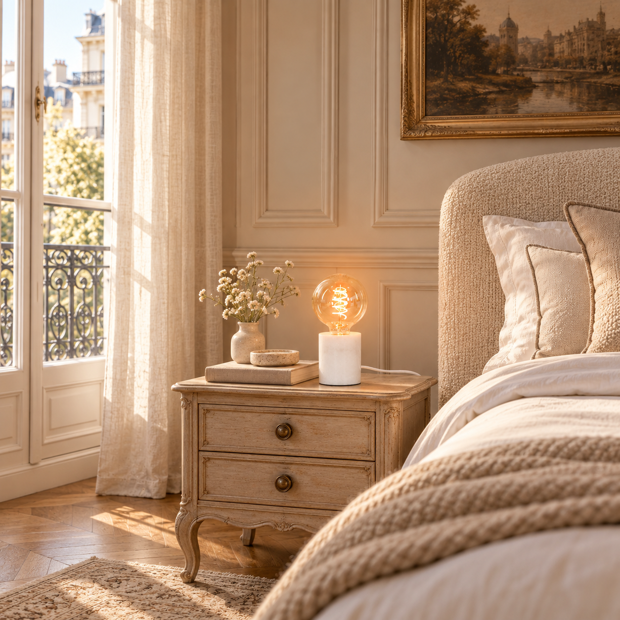 Amélie white marble table lamp with glowing bulb on a wooden bedside table beside a bed and tall window.