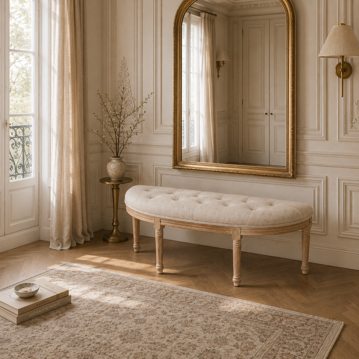 Annette cream upholstered bench beneath a gold mirror in a Parisian room with panelled walls and wood floor.