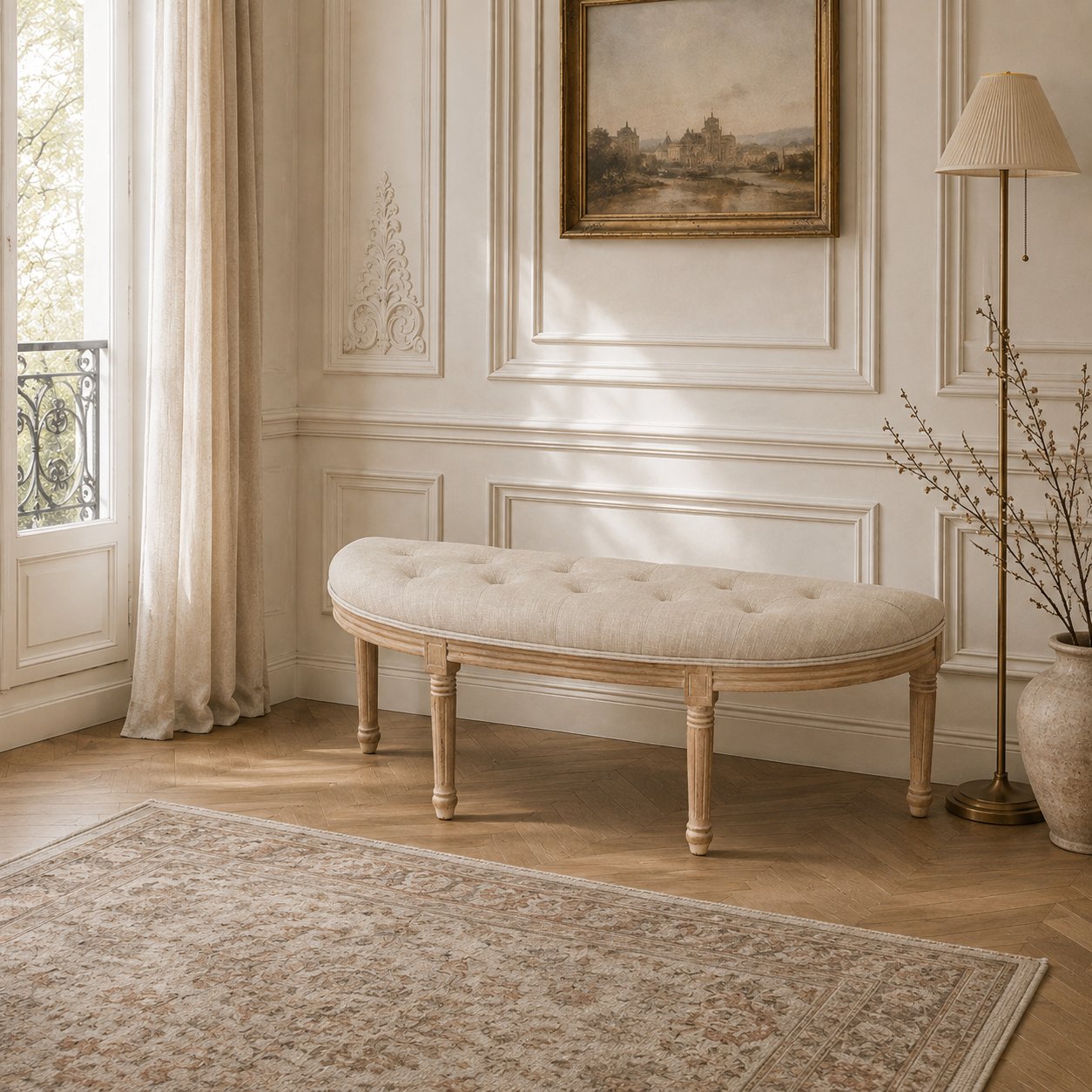 Annette cream upholstered wooden bench in a Parisian room with panelled walls, rug and brass floor lamp.