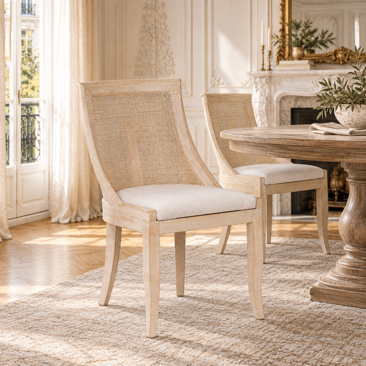 Camille Cane Back Dining Chair – Beige Linen Upholstered Seat with Washed Birch Wood Frame