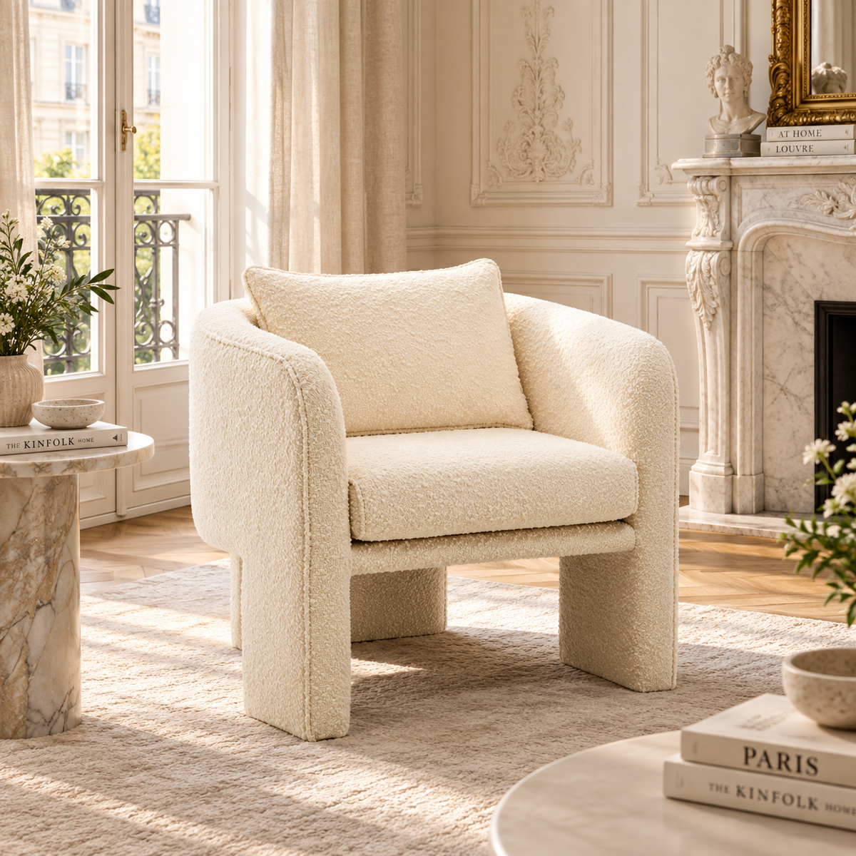 Mireille 70cm Ivory Bouclé Curved Armchair with Cushioned Back and Matching Cushion