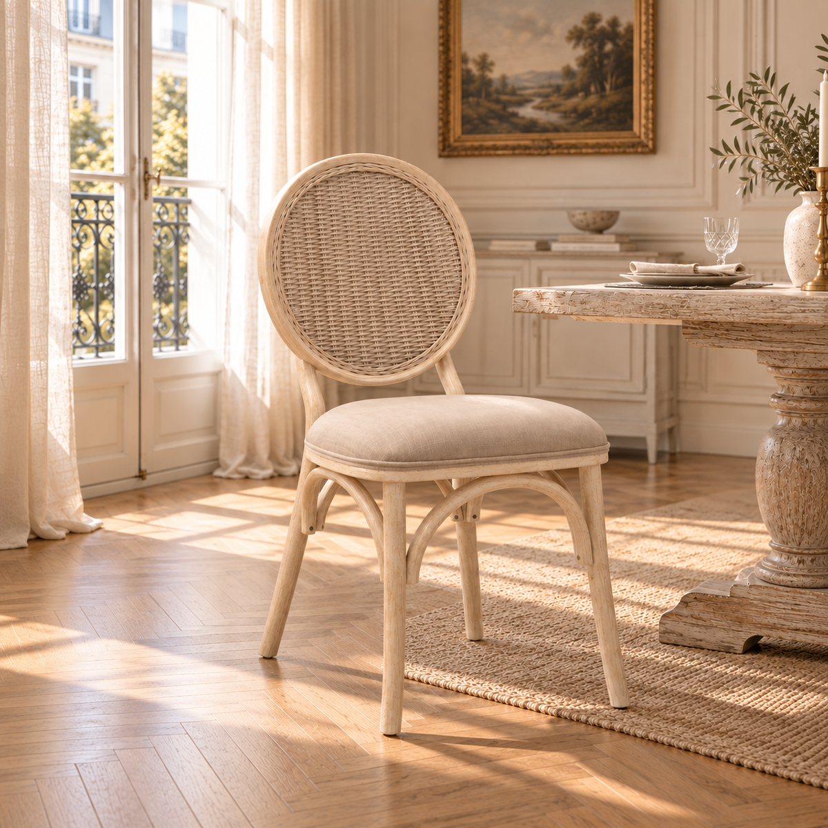 Camille White Washed Elm Wood Dining Chair with Woven Cane Back & Beige Upholstered Seat