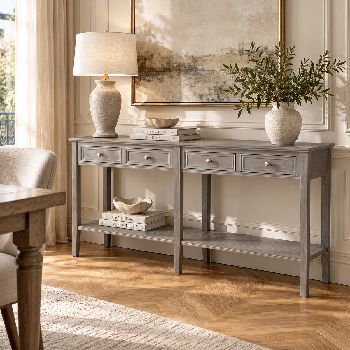 Camille Grey Wooden Console Table with Four Drawers
