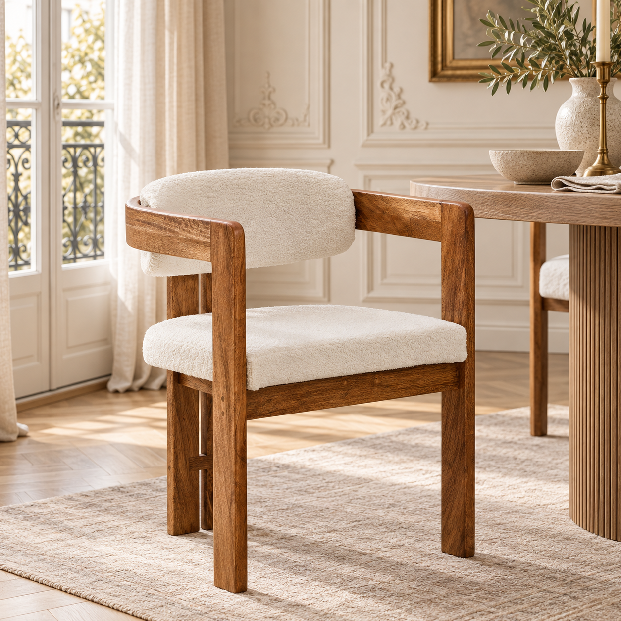 Sabine Cream Bouclé and Natural Mango Wood Curved Back Dining Armchair