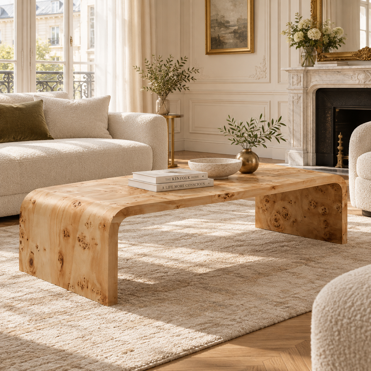 Gaspard 148cm Natural Burl Wood Design Curved Coffee Table
