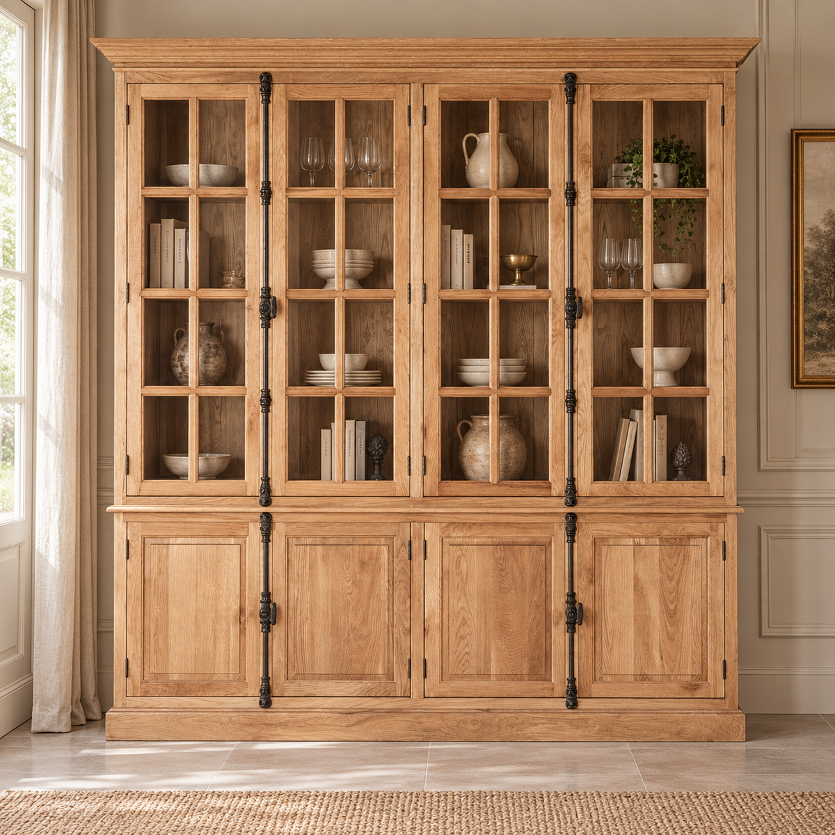 Alaric Large 220cm Natural Oak Wood 8 Door Display and Storage Cabinet with Glass Doors