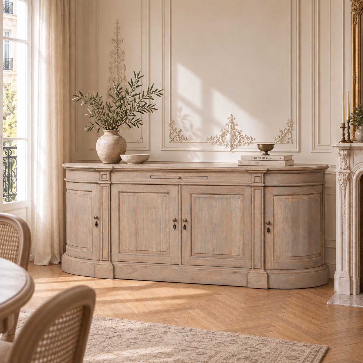 Camille French Style Large Sideboard Buffet Cabinet in White Cedar Wood – Rustic Aged Finish