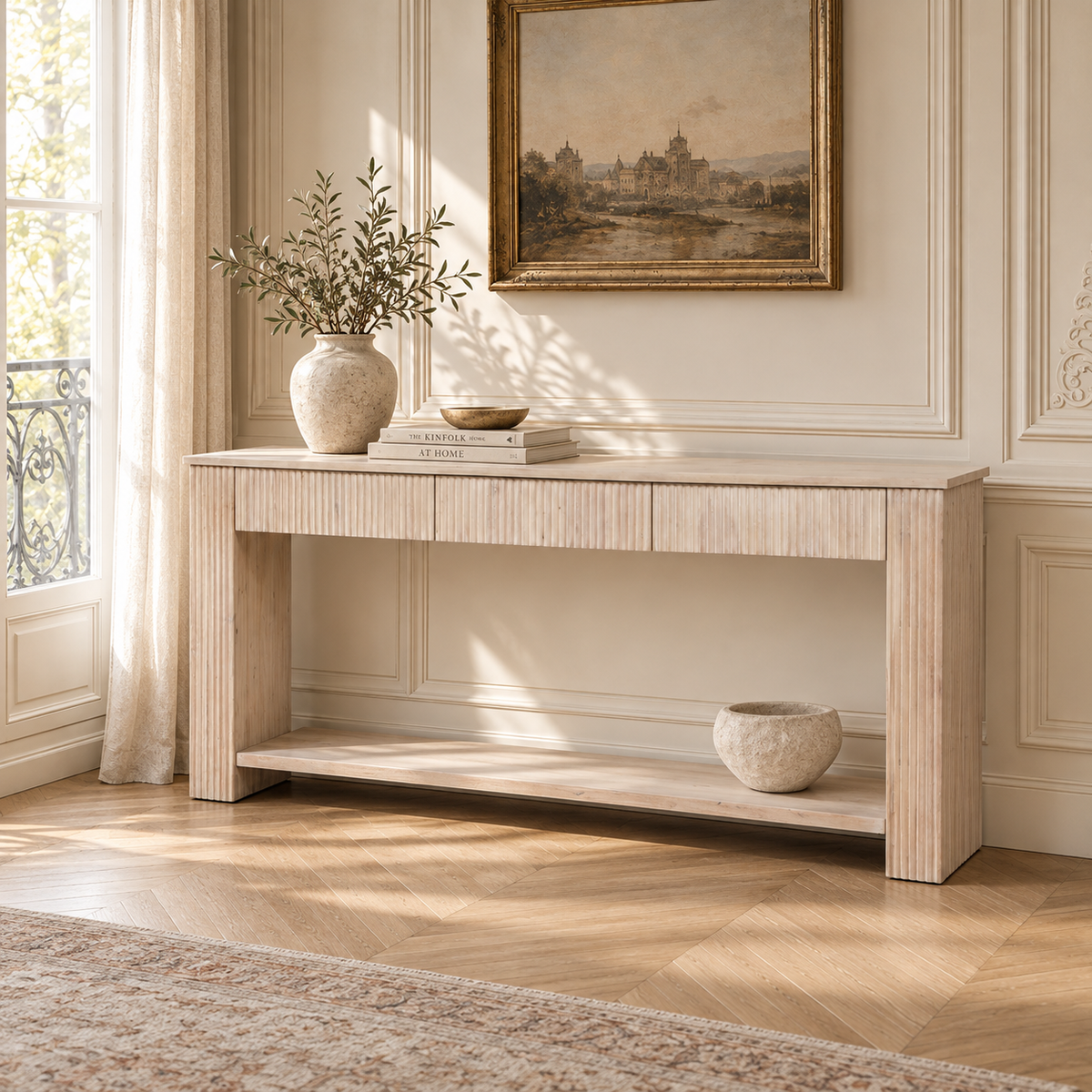 Camille Fluted Acacia Wood Console Table with 3 Drawers & Lower Shelf – Bleached Washed Finish