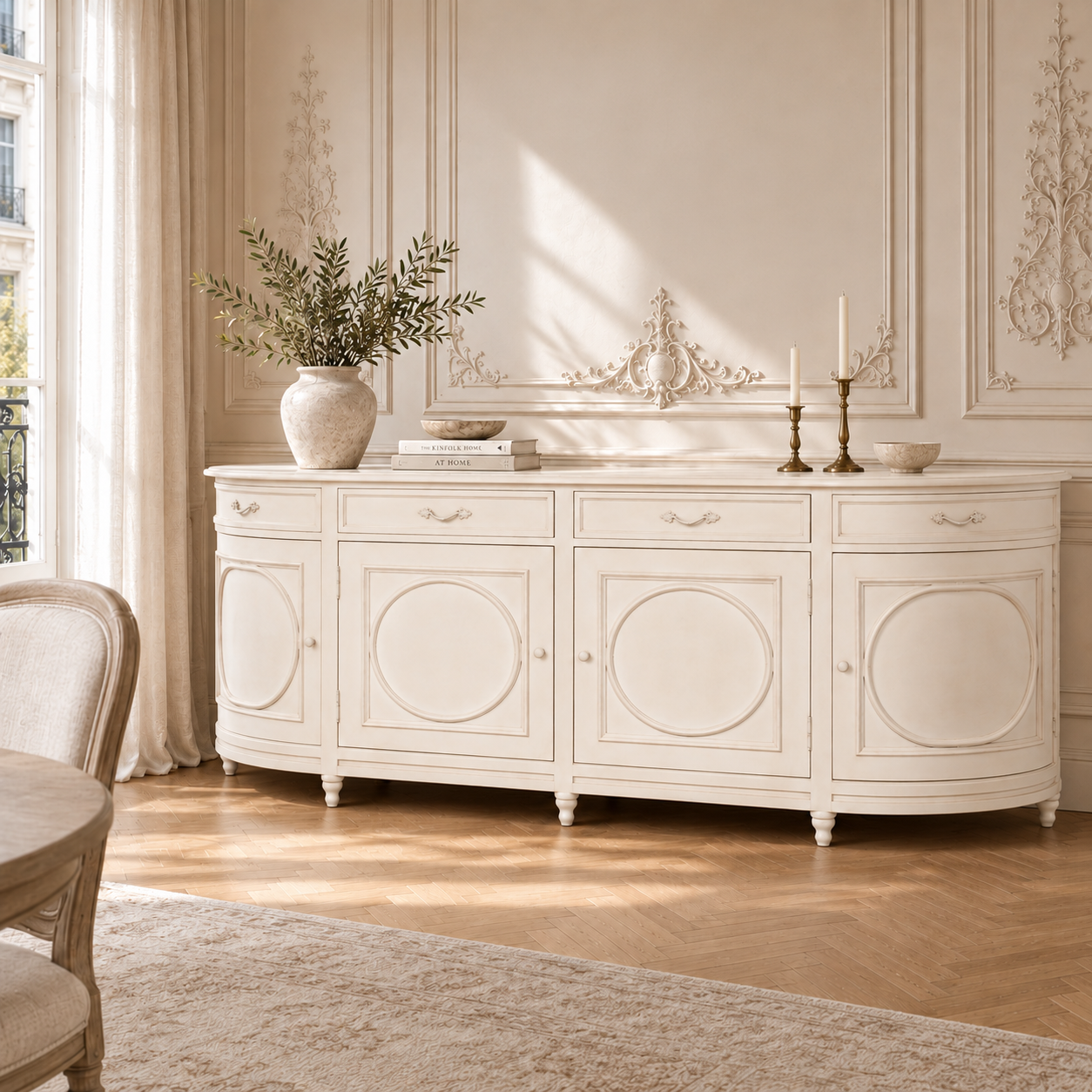 Geneviève Large Aged Ivory Sideboard with 4 Doors, 4 Drawers & Ornate Detailing