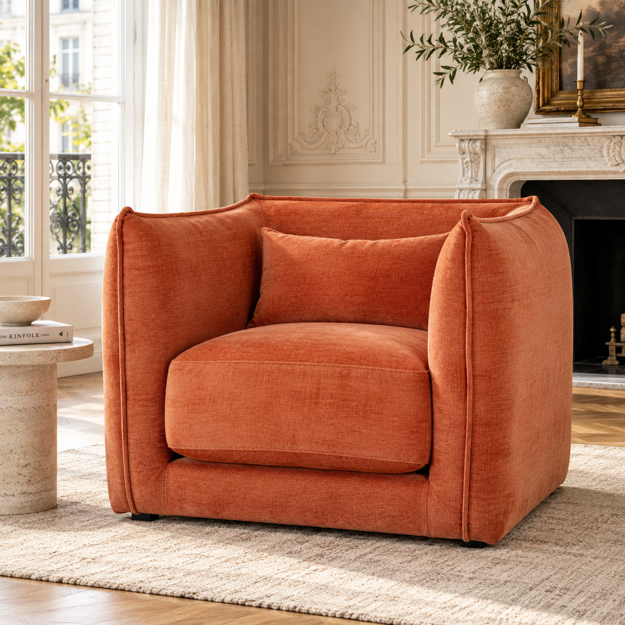 Thibault 92cm Rust Upholstered Armchair with Cushioned Seat and Back Cushion