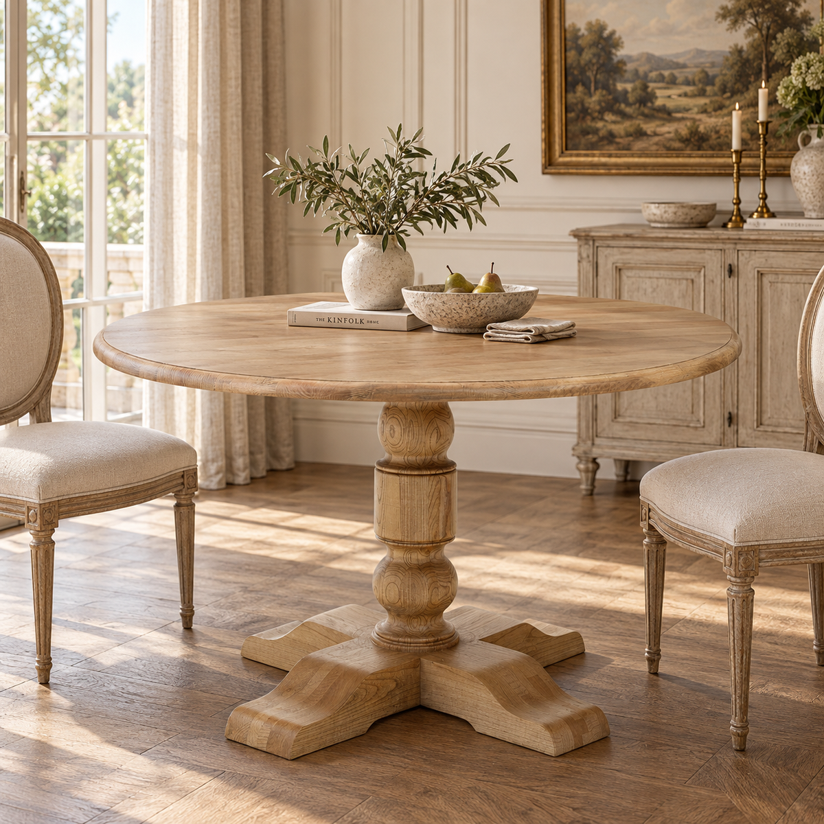 Gaston 127cm Round Solid Oak Wood Dining Table for 4–6 with Carved Pedestal Base