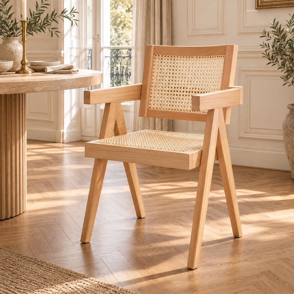 Clément Natural Beech Wood Dining Armchair with Woven Cane Seat and Back