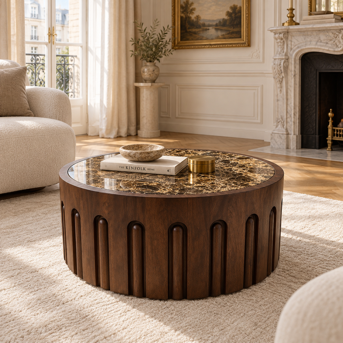 Marceau 70cm Round Dark Emperador Marble and Dark Mango Wood Carved Coffee Table
