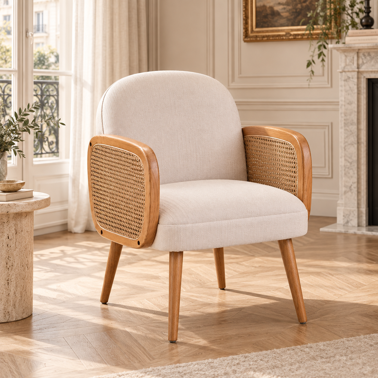 Adèle Ivory Upholstered Accent Armchair with Natural Cane Panels and Elm Wood Frame