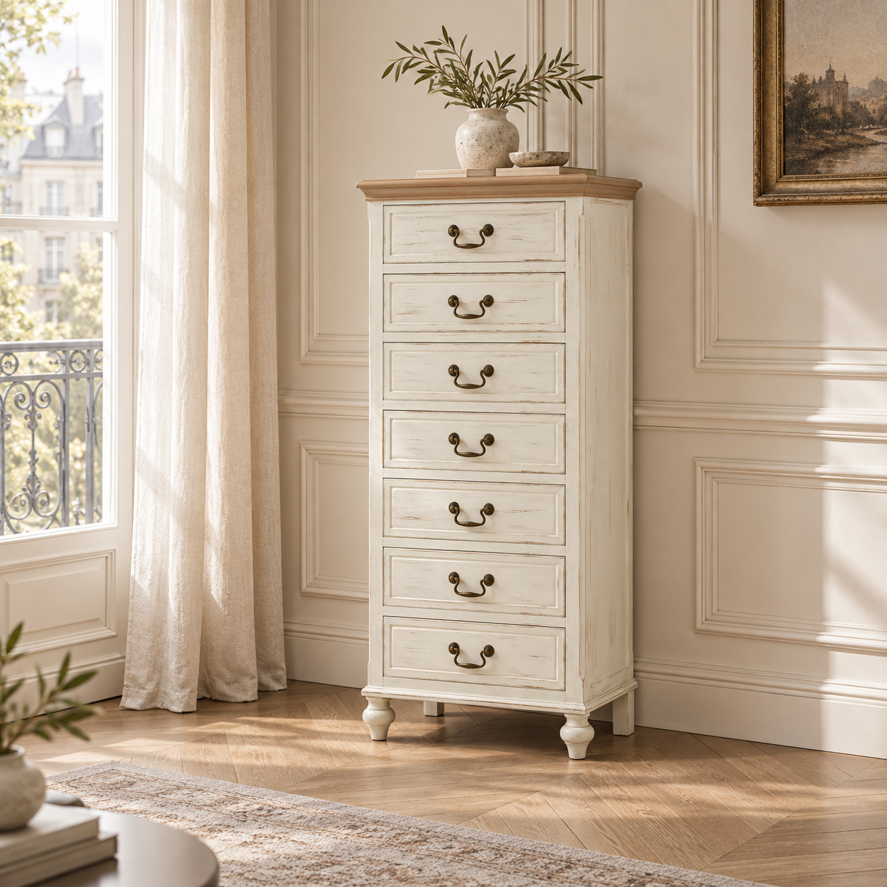Coralie 128cm Tallboy Chest of 7 Drawers in Washed Ivory with Natural Wood Top