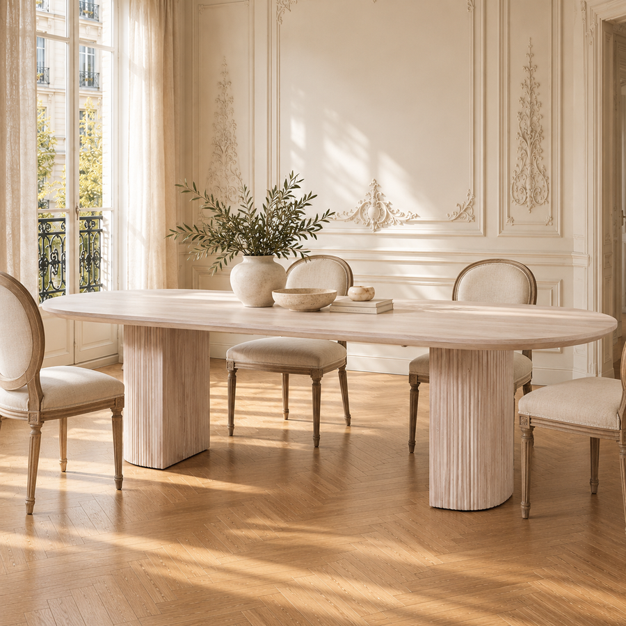 Camille Fluted Acacia Wood Oval 6 Seater Dining Table – Bleached Washed Wood Finish