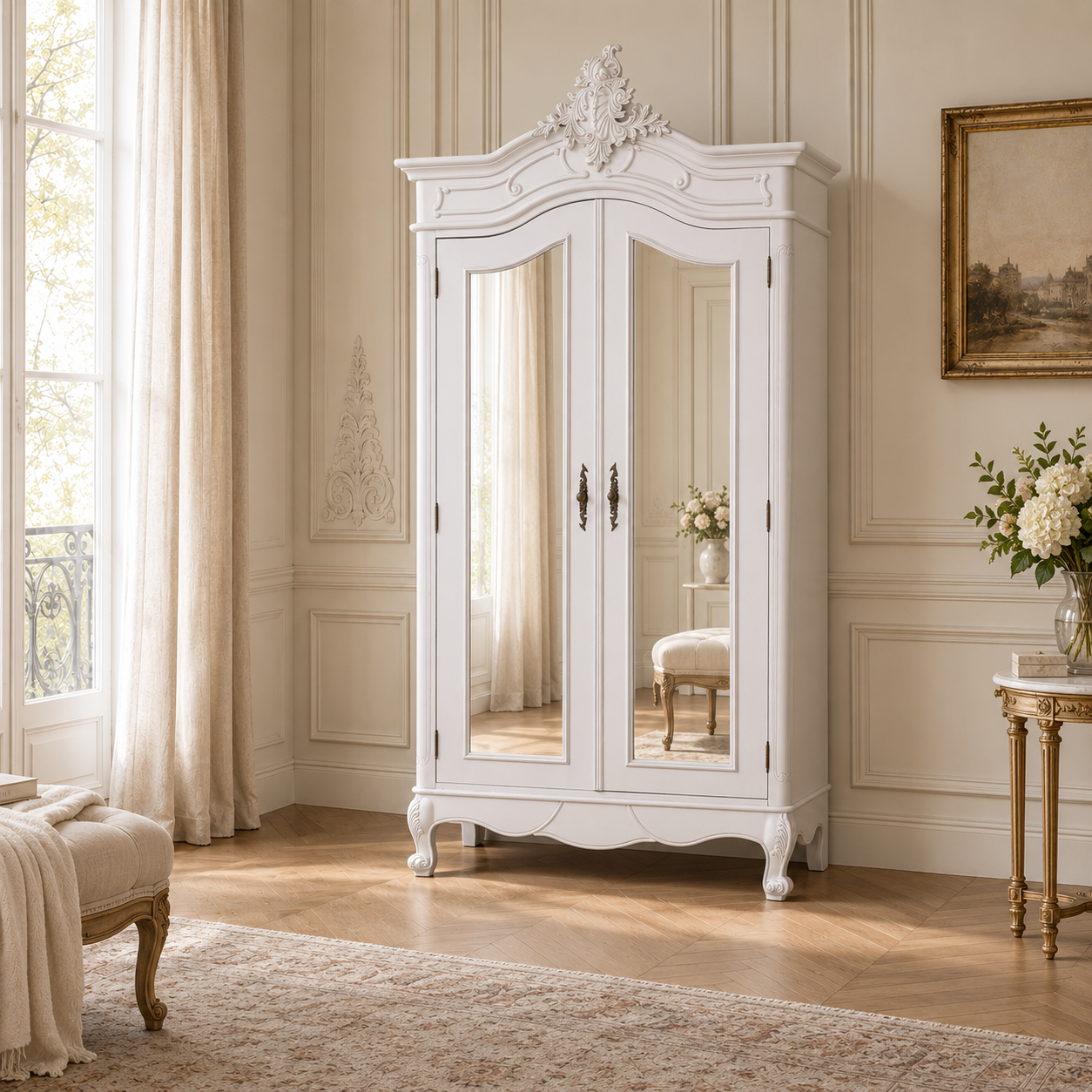 Vivienne White Carved Mirrored Double Door Armoire Wardrobe