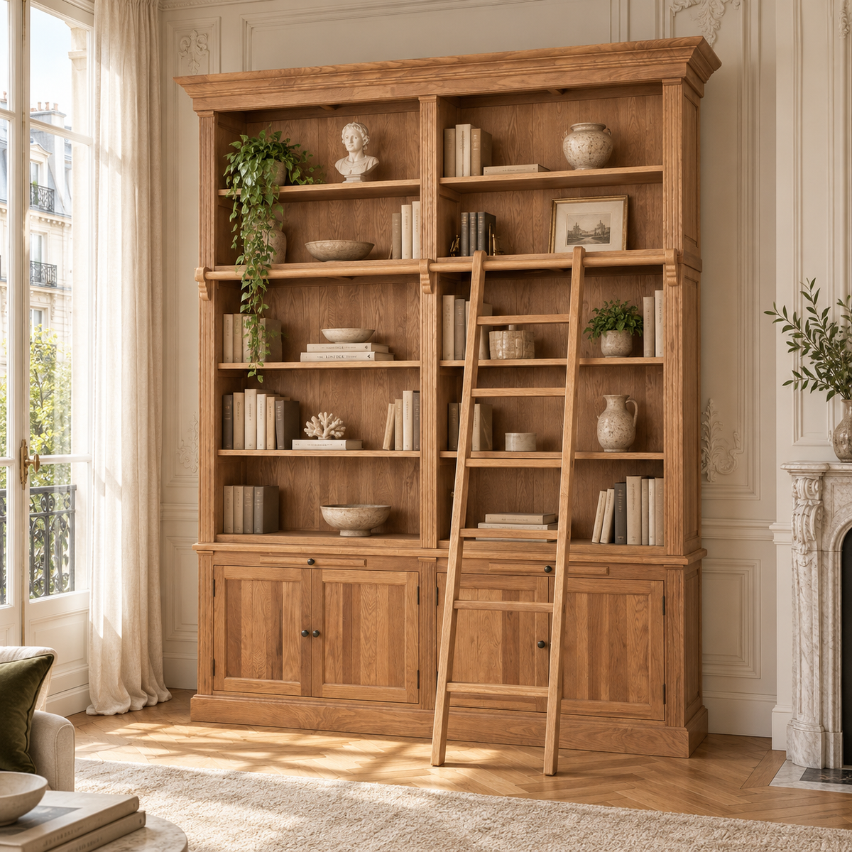 Alaric Large 213cm American Oak Wood Bookcase with Ladder, 10 Shelves & 4 Door Storage