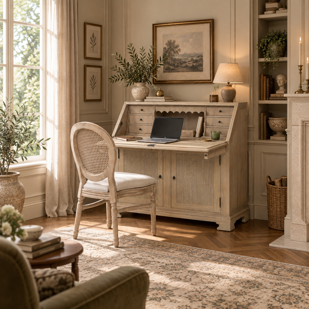 Armand white cedar bureau writing desk with storage in a warm home office with window, shelving, cane chair and fireplace.