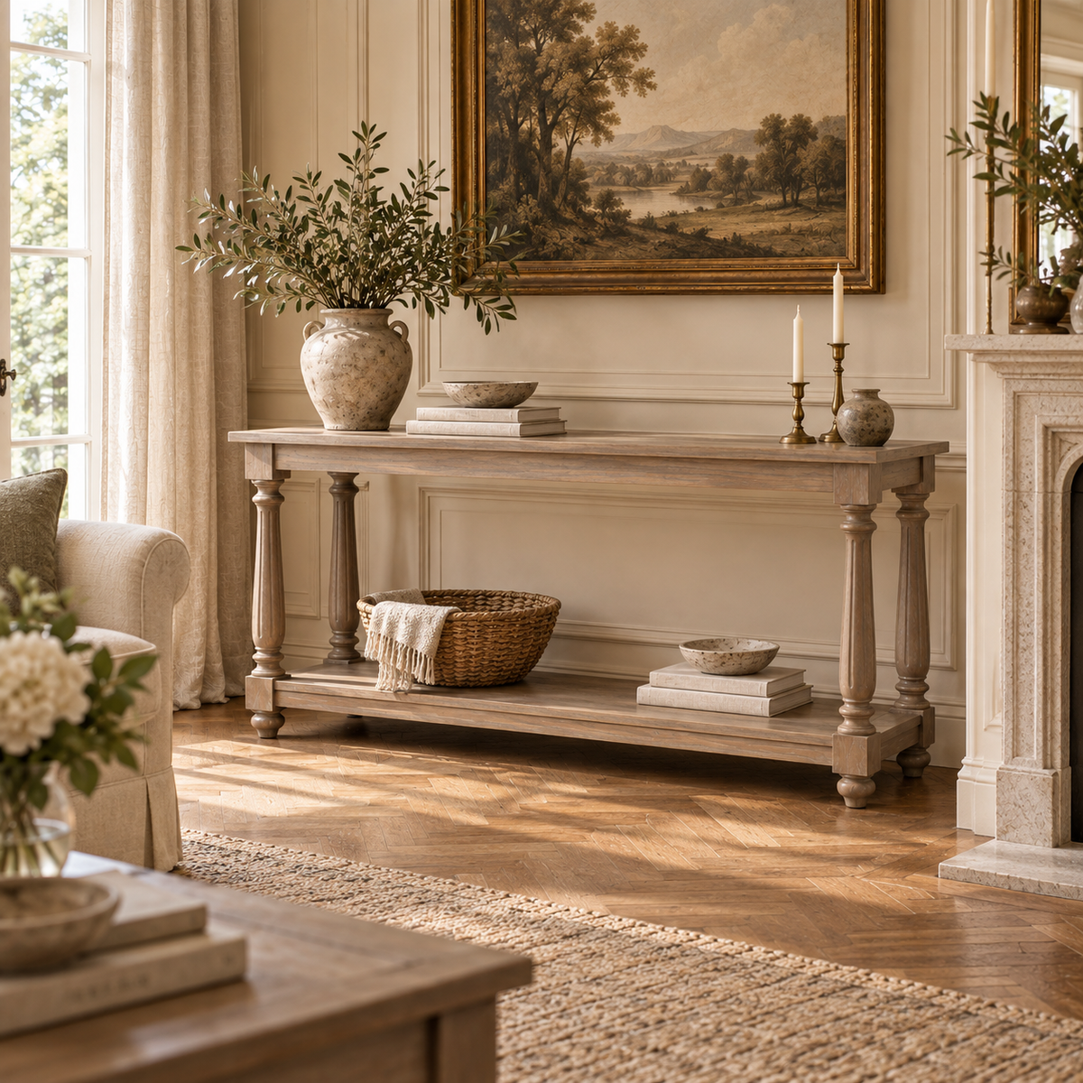 Armand white cedar wood console table with lower shelf beside a stone fireplace in a bright living room with rug and artwork.