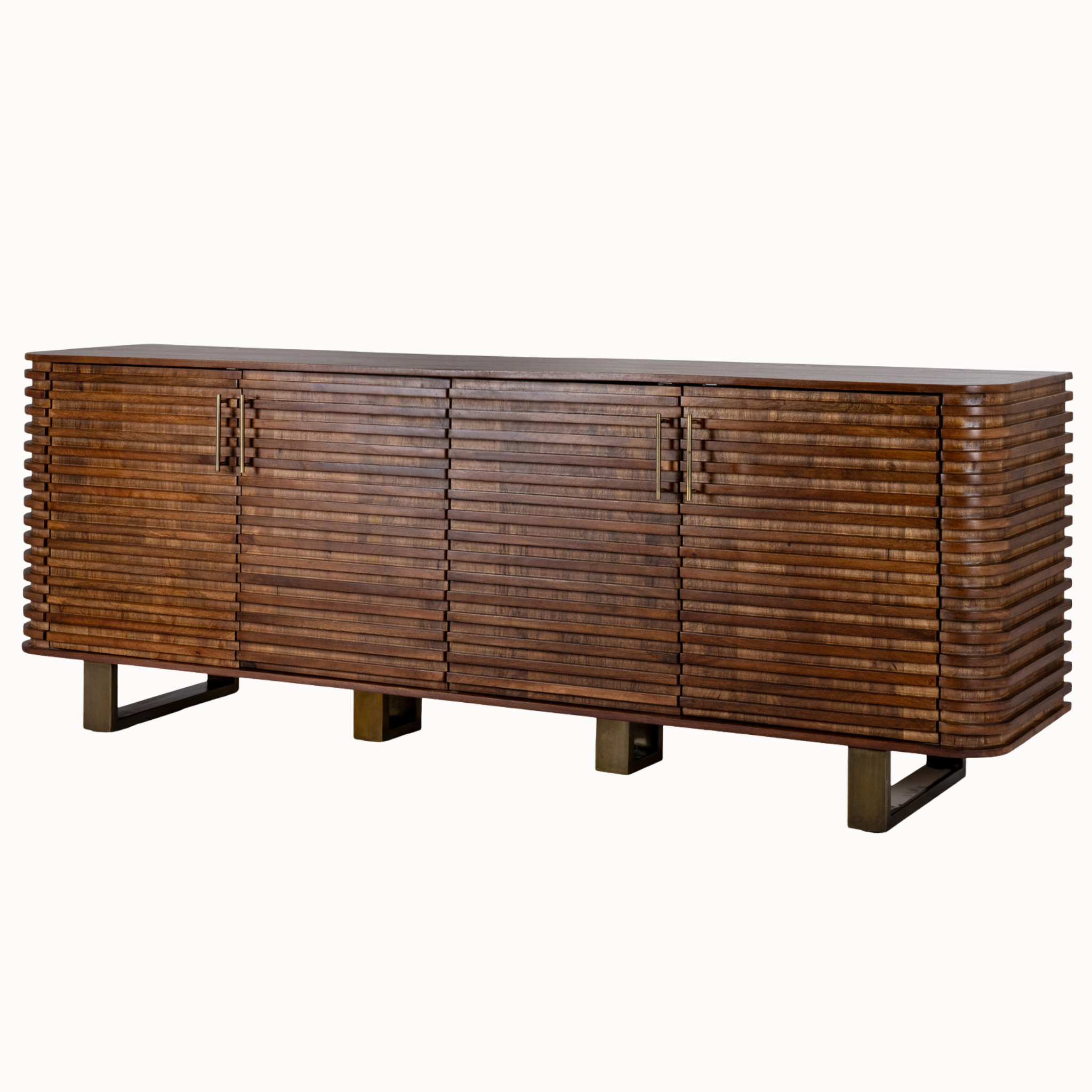 Arsène 220cm brown wood ribbed 4 door sideboard with gold metal handles and legs on a plain white background.
