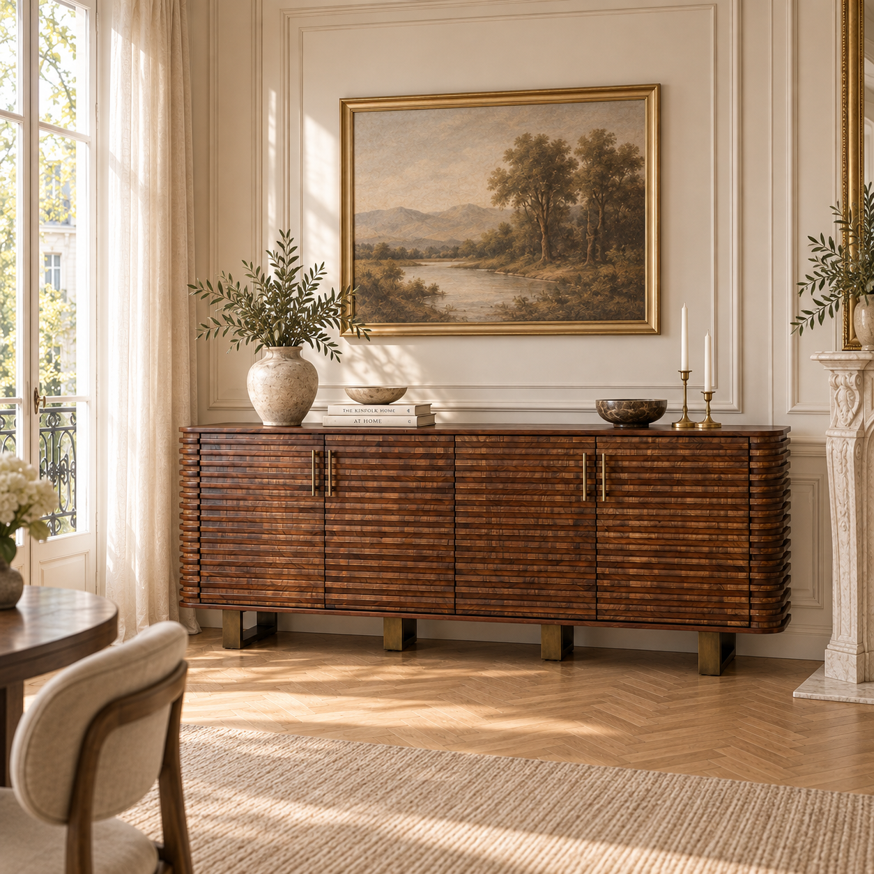 Arsène 220cm brown wood ribbed 4 door sideboard with gold detail in an elegant dining room with artwork and wood floor.