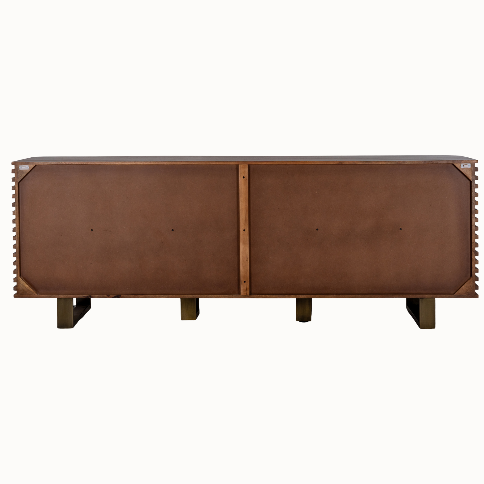 Rear view of Arsène 220cm brown wood ribbed sideboard showing its wide cabinet form and legs against a white background.
