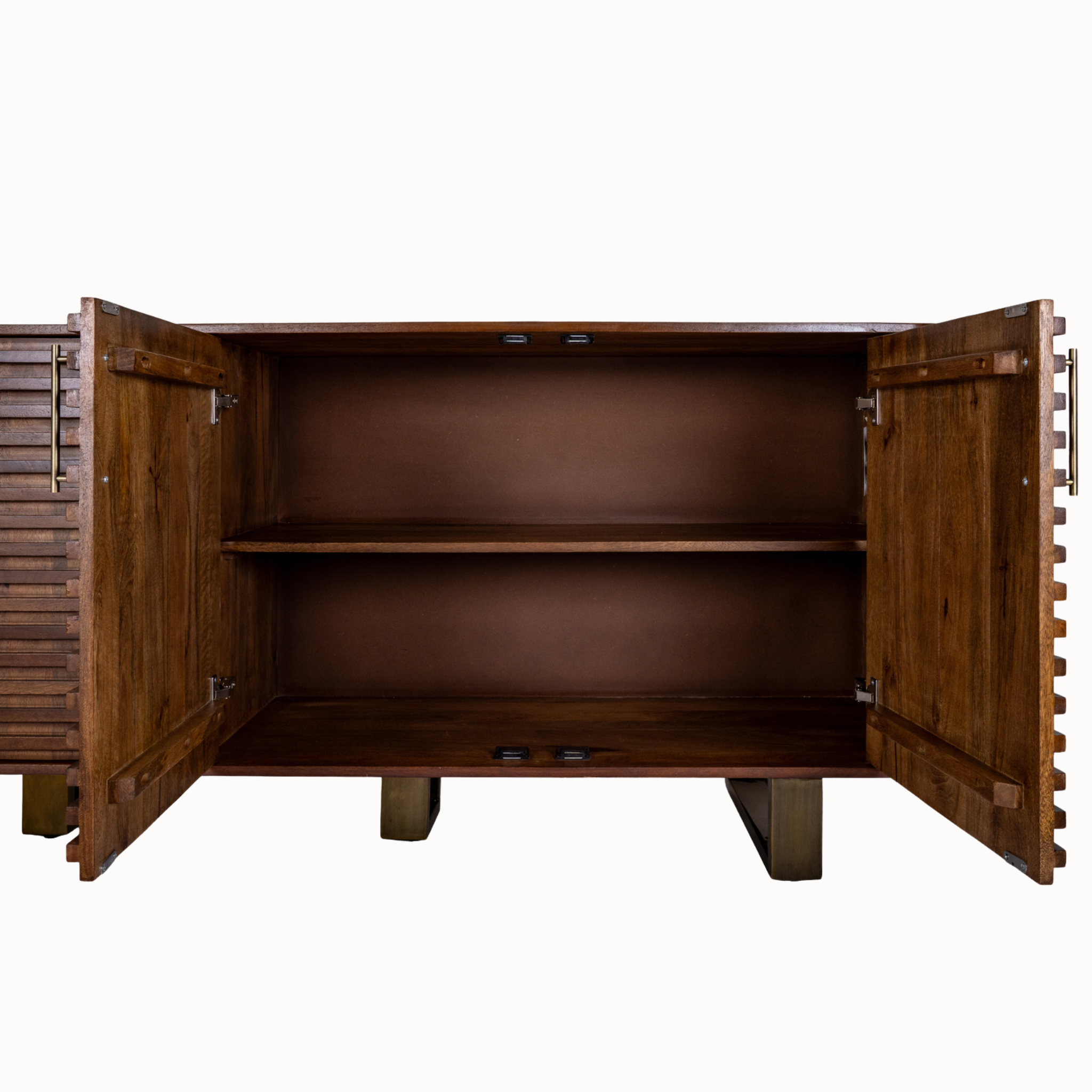Arsène brown wood 4 door sideboard fully open to show spacious internal storage shelves against a white background.