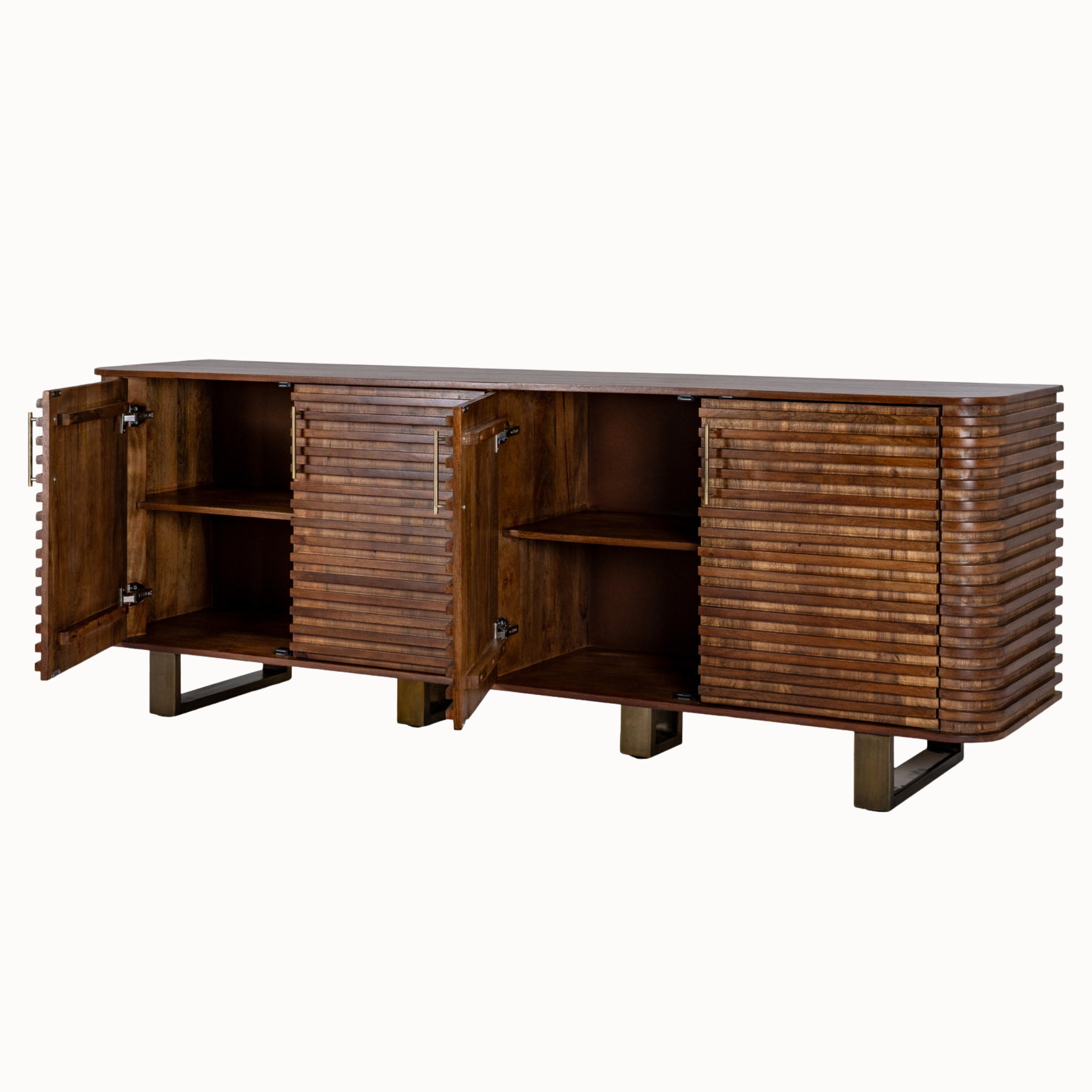 Arsène brown wood ribbed 4 door sideboard with doors open to show internal storage shelves on a white background.