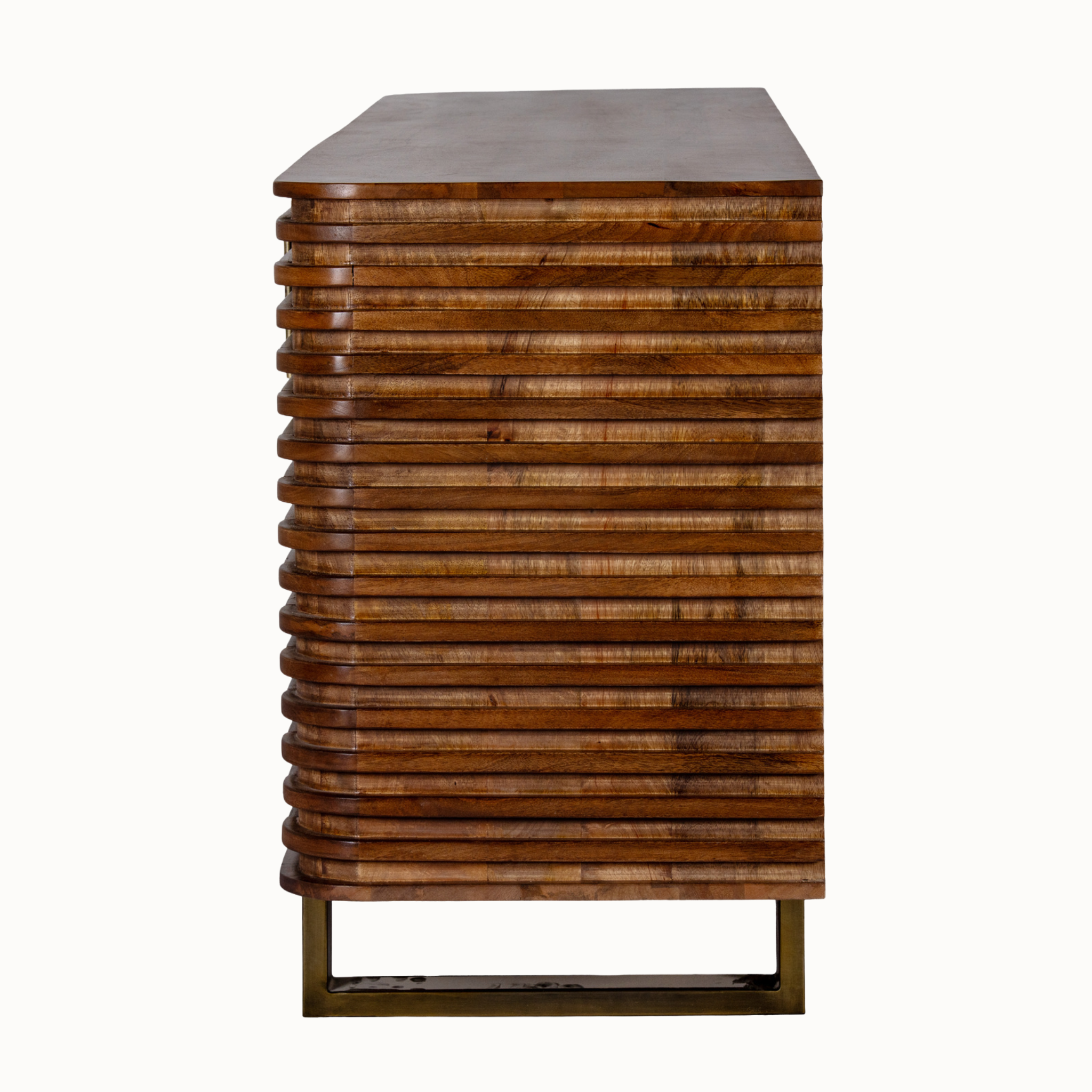 Side view of Arsène brown wood ribbed sideboard showing curved slatted detailing and gold metal base on a white background.