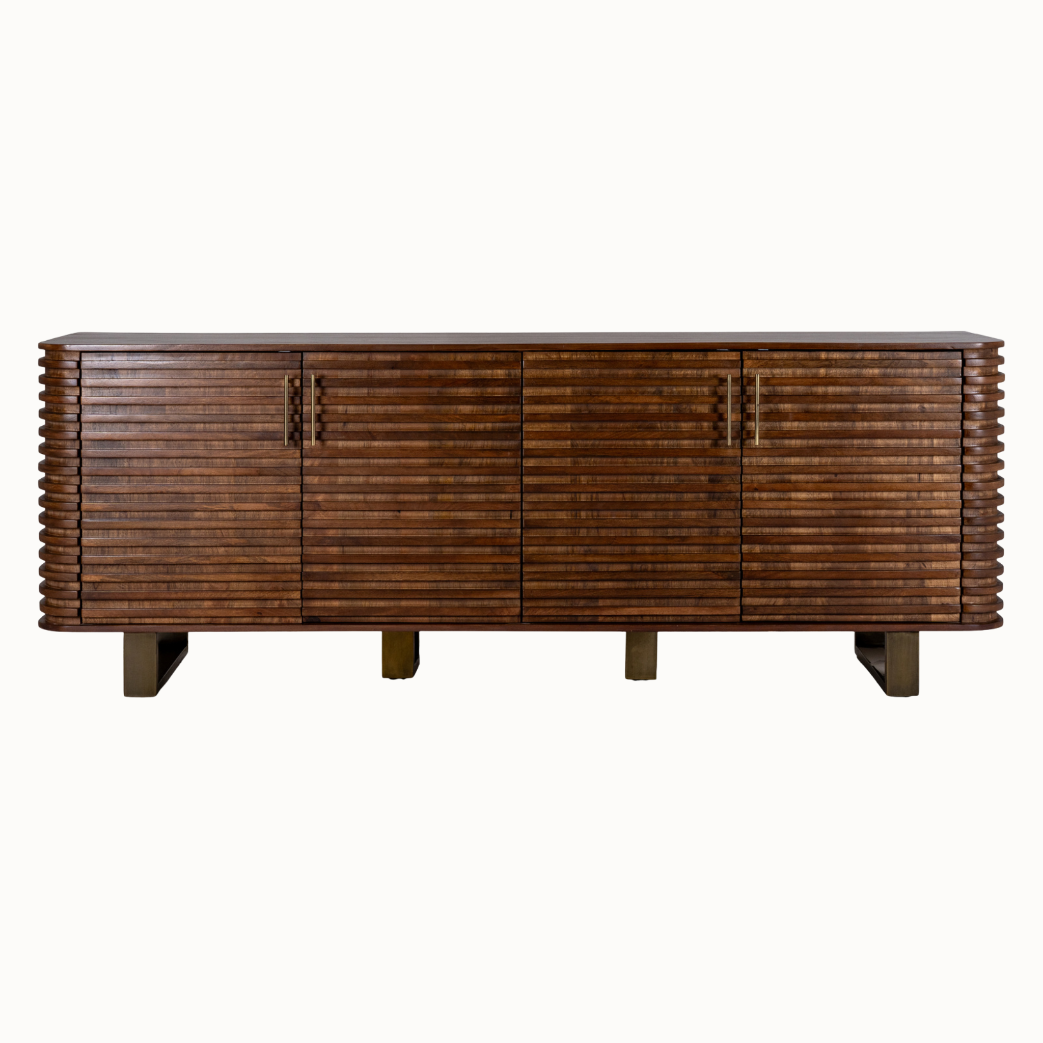 Arsène large 220cm brown wood ribbed 4 door sideboard with gold metal handles and legs against a white background.
