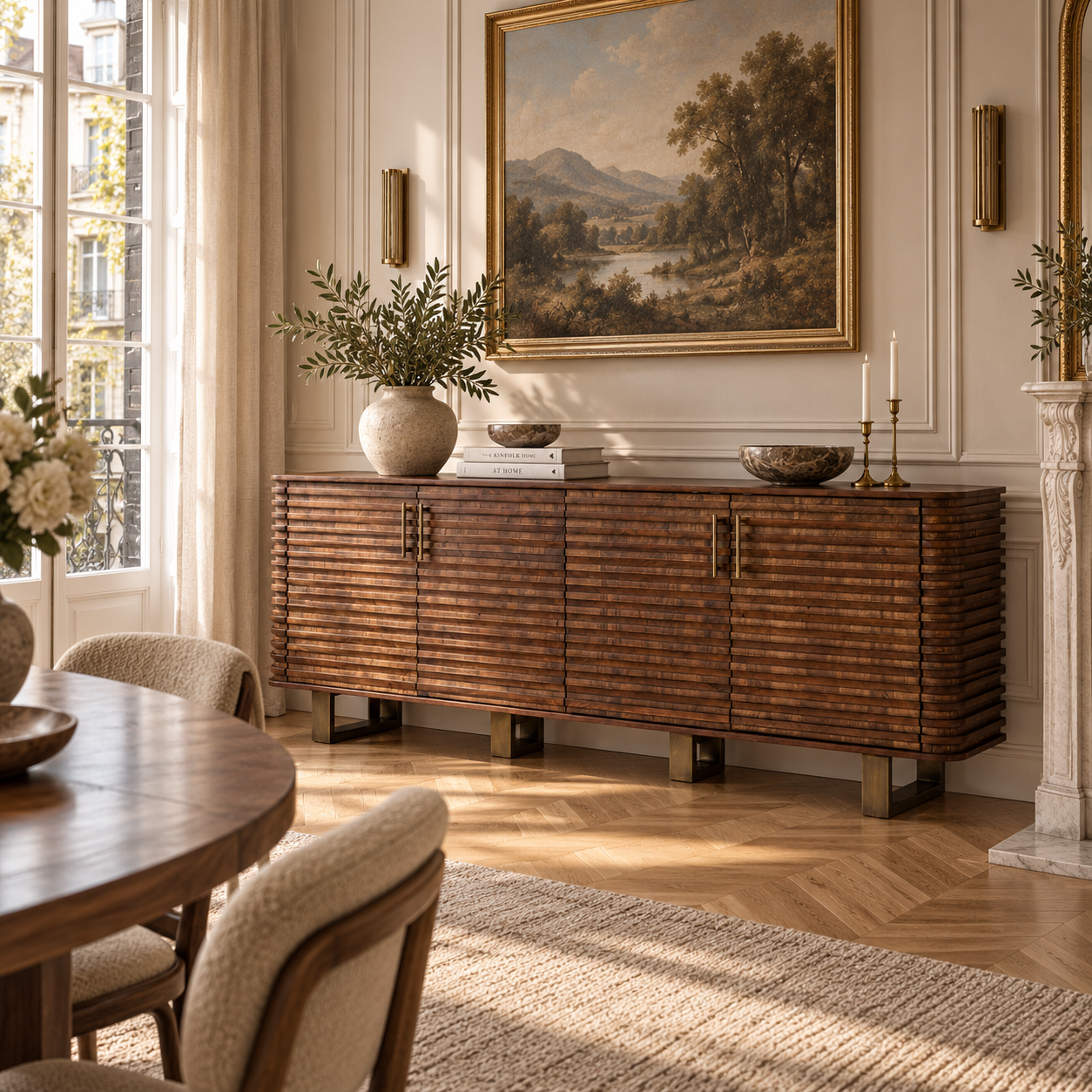 Arsène large brown wood ribbed sideboard with gold handles in a classic dining room with artwork, table and French windows.