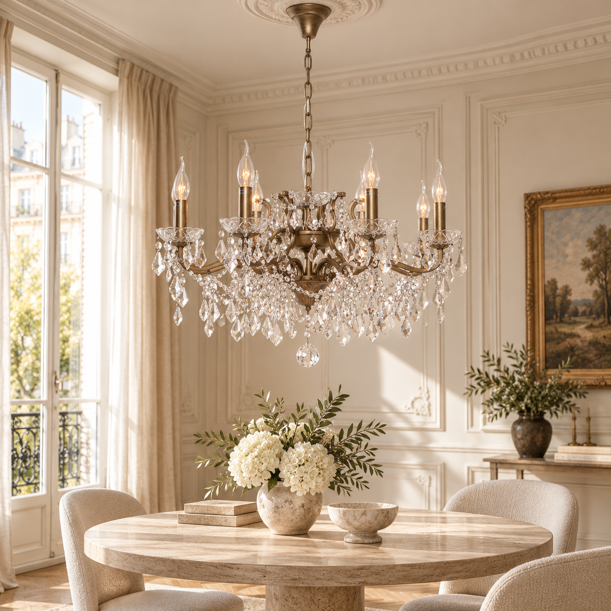 Aubert 76cm gold 8 light chandelier with clear glass drops above a dining table in a bright Parisian room.