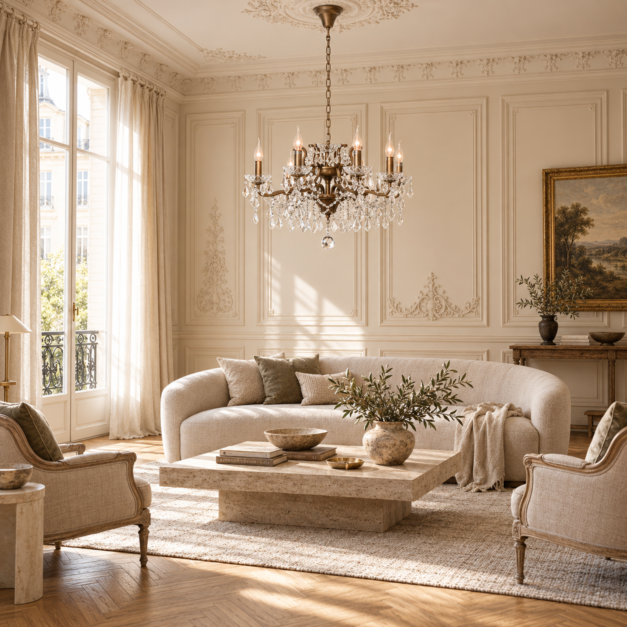 Gold 8 light chandelier with clear glass drops in a sunlit neutral living room with cream seating and moulded walls.
