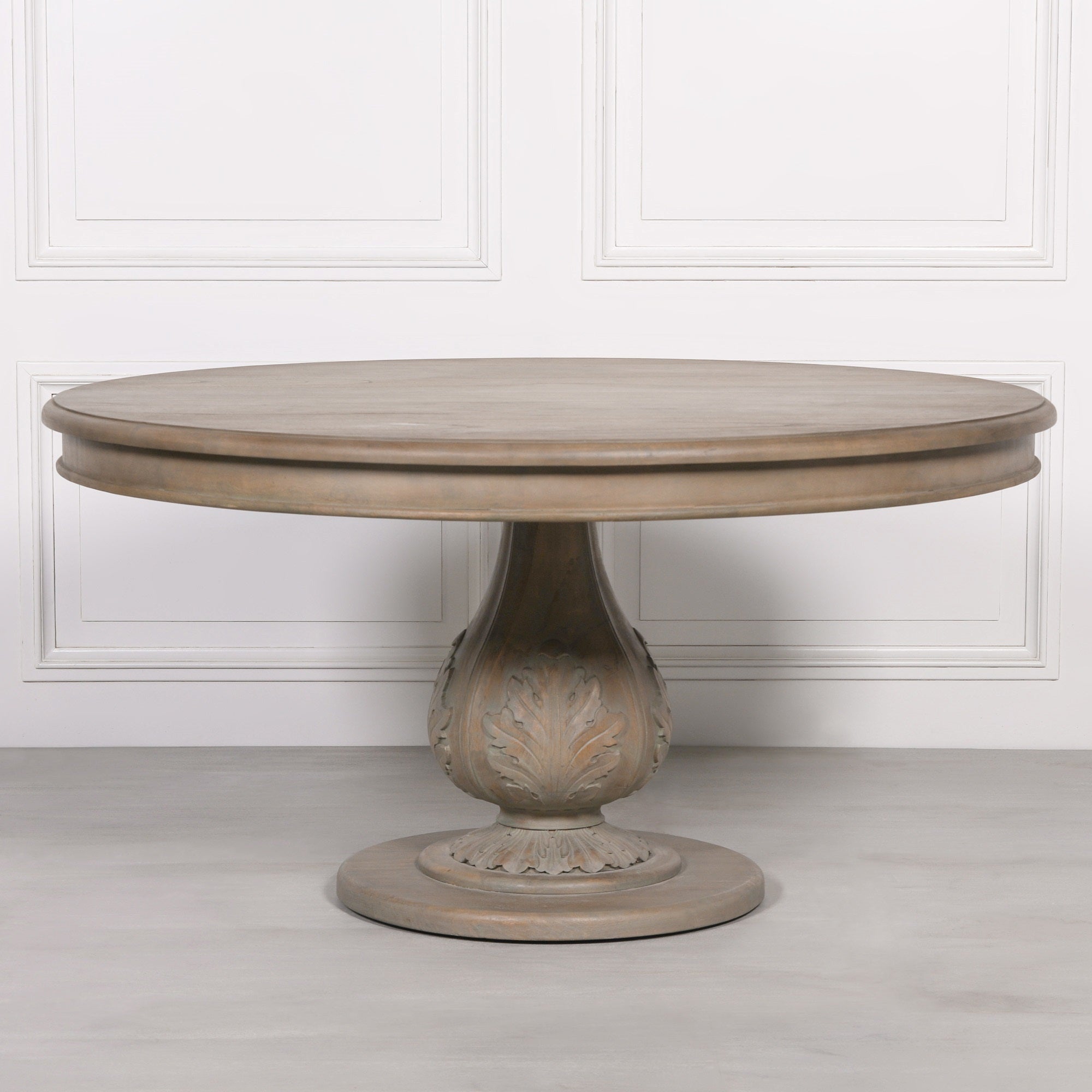 Front view of the Auguste Round Acorn Pedestal Dining Table 150cm for 6 in Rustic Washed Hardwood featuring a generous round solid wood tabletop, hand-carved acorn pedestal base and elegant rustic finish, ideal for farmhouse, French country and classic dining interiors.