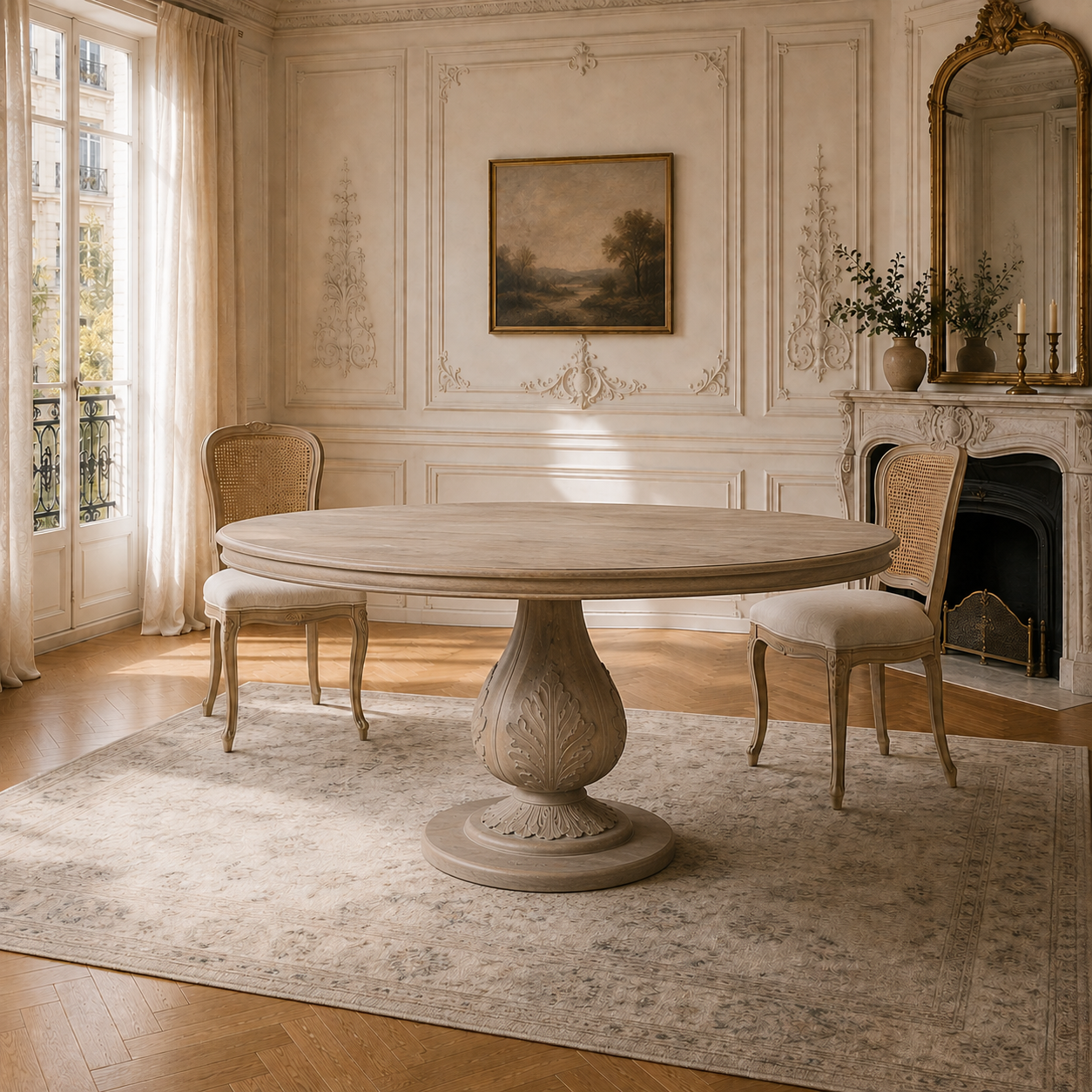 Auguste 150cm round acorn pedestal dining table in rustic washed hardwood, styled in a Parisian dining room with fireplace.