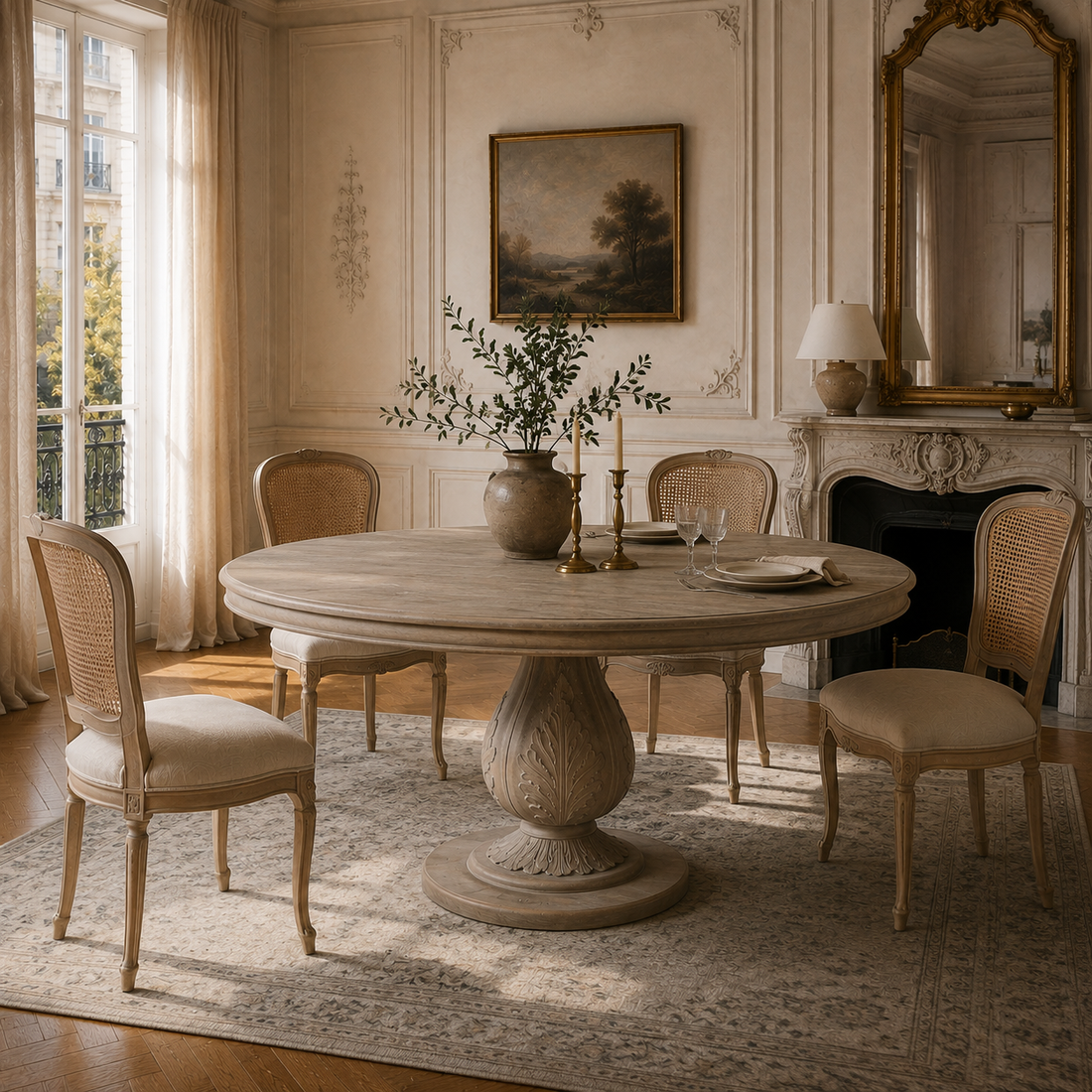 Auguste round pedestal dining table for 6 in rustic washed hardwood, styled with cane chairs in a Parisian dining room.