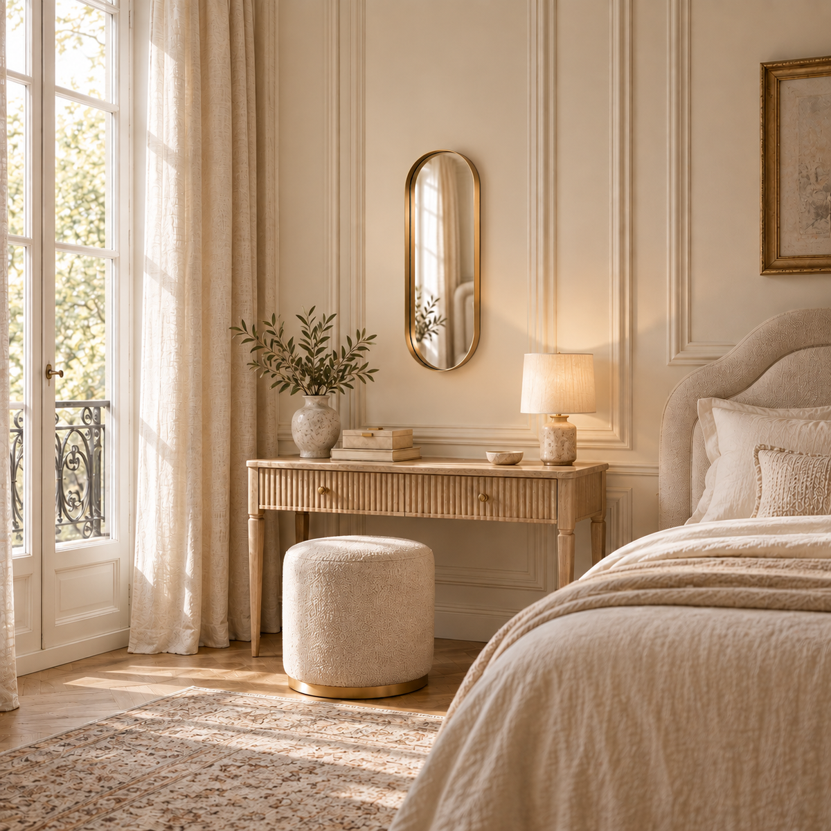 Aurelia gold oval wall mirror with deep set frame above a marble-top dresser in a bright bedroom with sheer curtains.