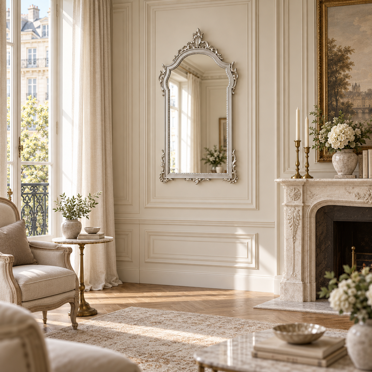 Aurelia ornate silver wall mirror beside a marble fireplace in a sunlit French-style living room with cream walls.