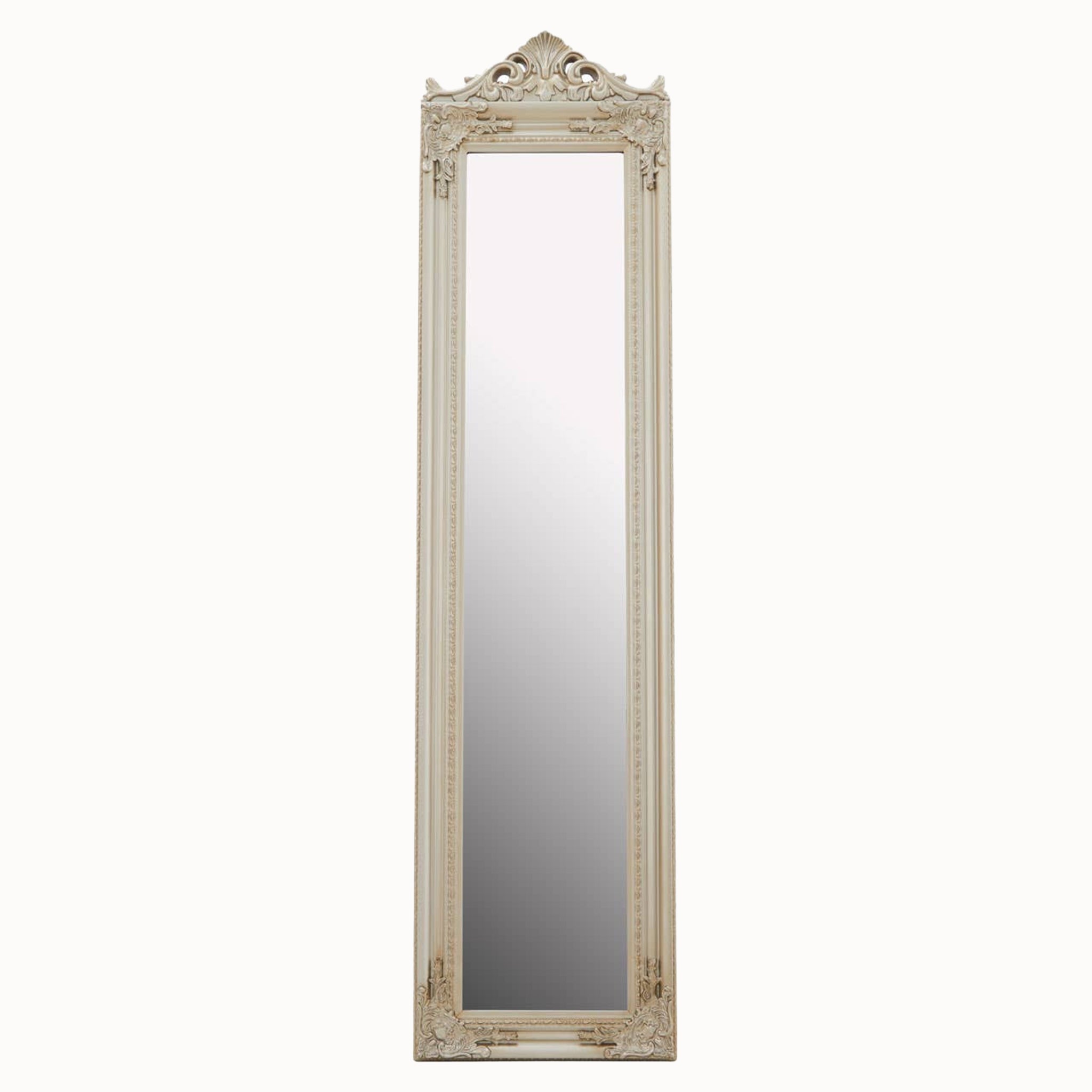 Aurelia rectangular champagne gilded floor mirror shown from the front, featuring a tall full-length mirror, ornate carved-style frame, decorative corner detailing and elaborate French-inspired crest.