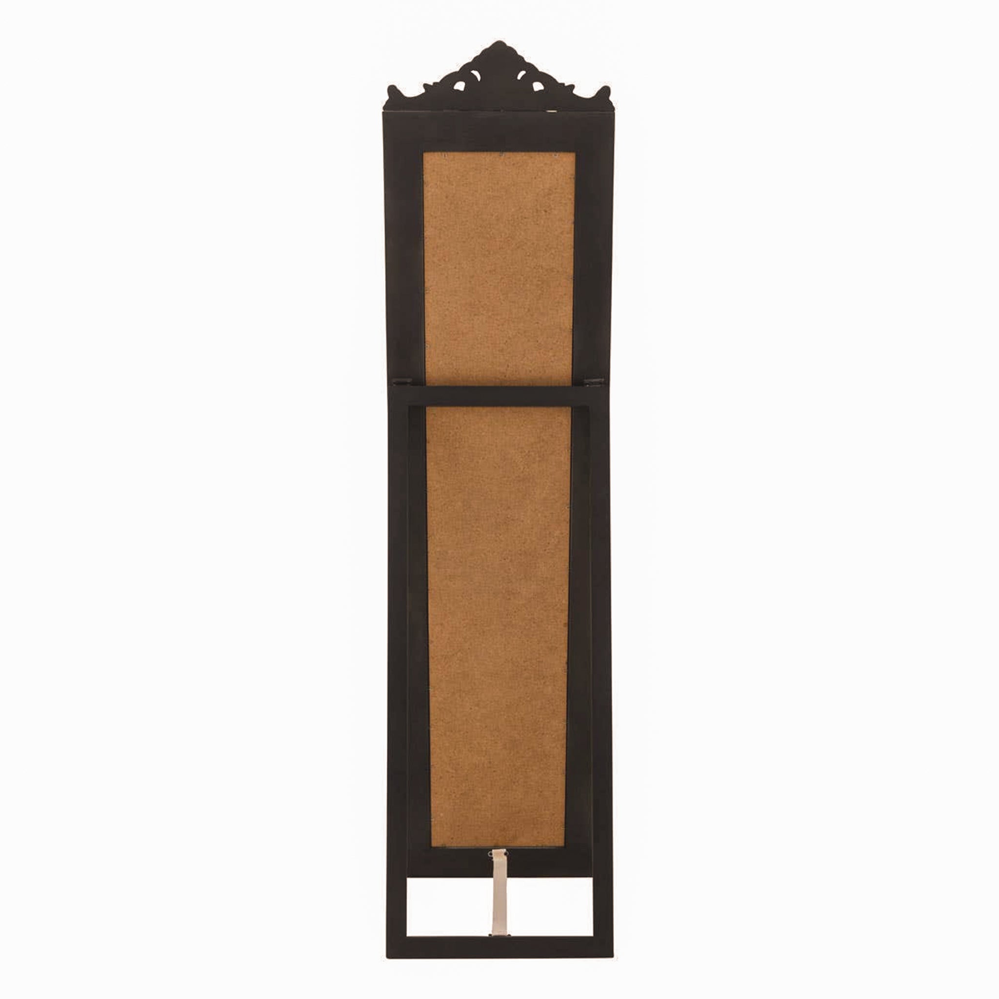 Rear view of the Aurelia rectangular champagne gilded floor mirror, showing the tall backed mirror frame, decorative crest and integrated black easel stand for freestanding placement.
