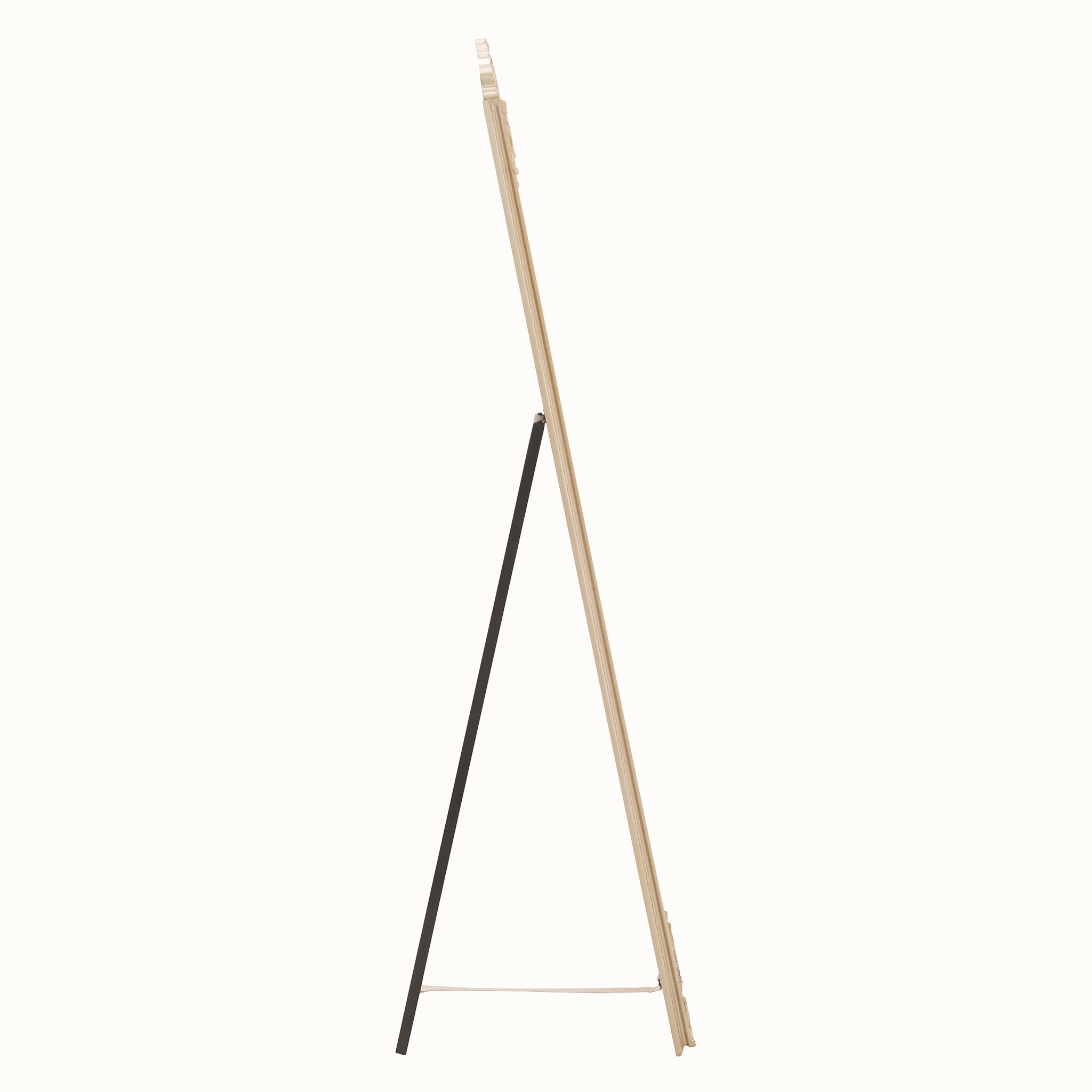 Side profile of the Aurelia rectangular floor mirror showing its slim champagne gilded frame and freestanding easel-style rear support, designed to position the full-length mirror securely on the floor.