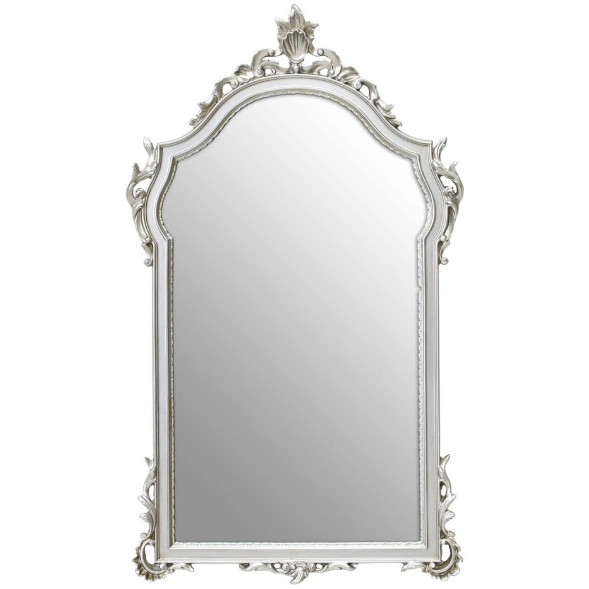 Aurelia silver frame wall mirror with ornate arched crest and scrollwork shown front-on against a white background.
